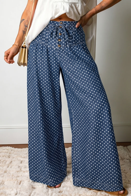 Sky Blue Polka Dot Print Button Pleated Wide Leg Jeans