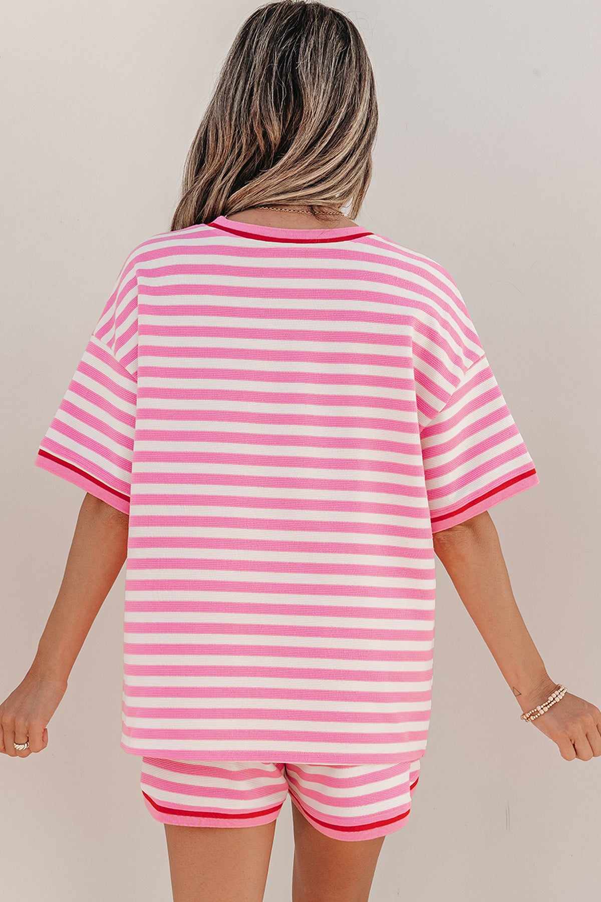 Women's Pink Stripe Contrast Trim Short-Sleeve Top Shorts Two-Piece Outfit Set