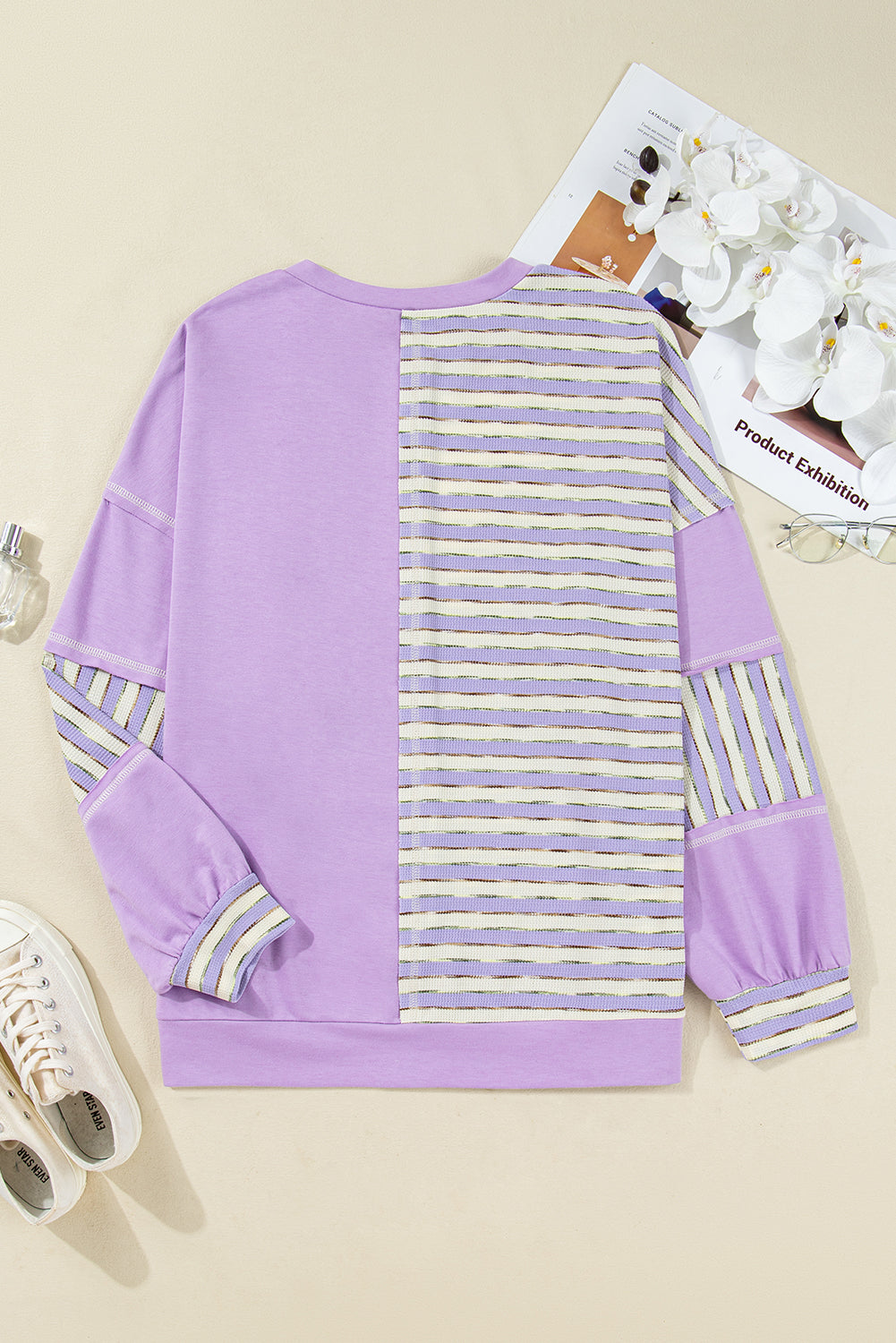 Purple Stripe Patchwork Buttoned Drop-Shoulder Plus Size Pullover