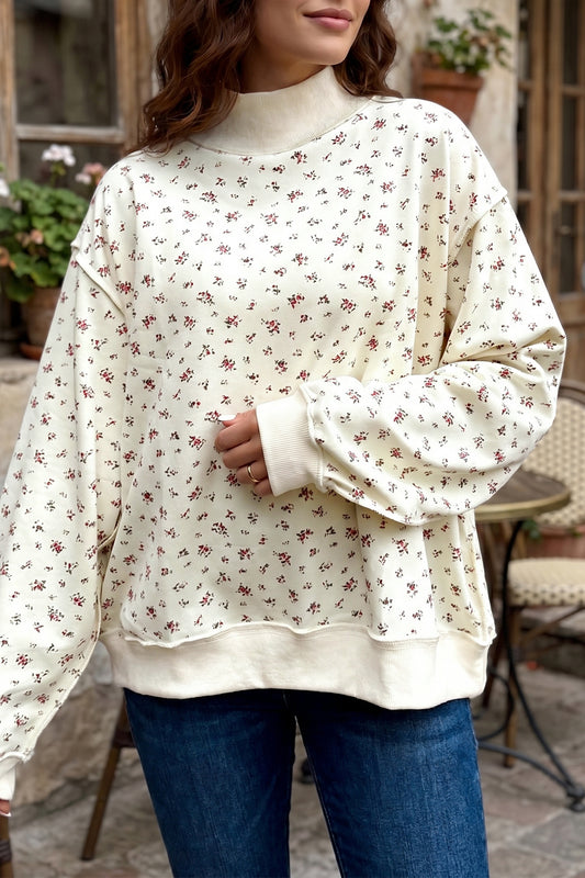 Beige Ribbed High Neck Patchwork Floral Print Baggy Sweatshirt