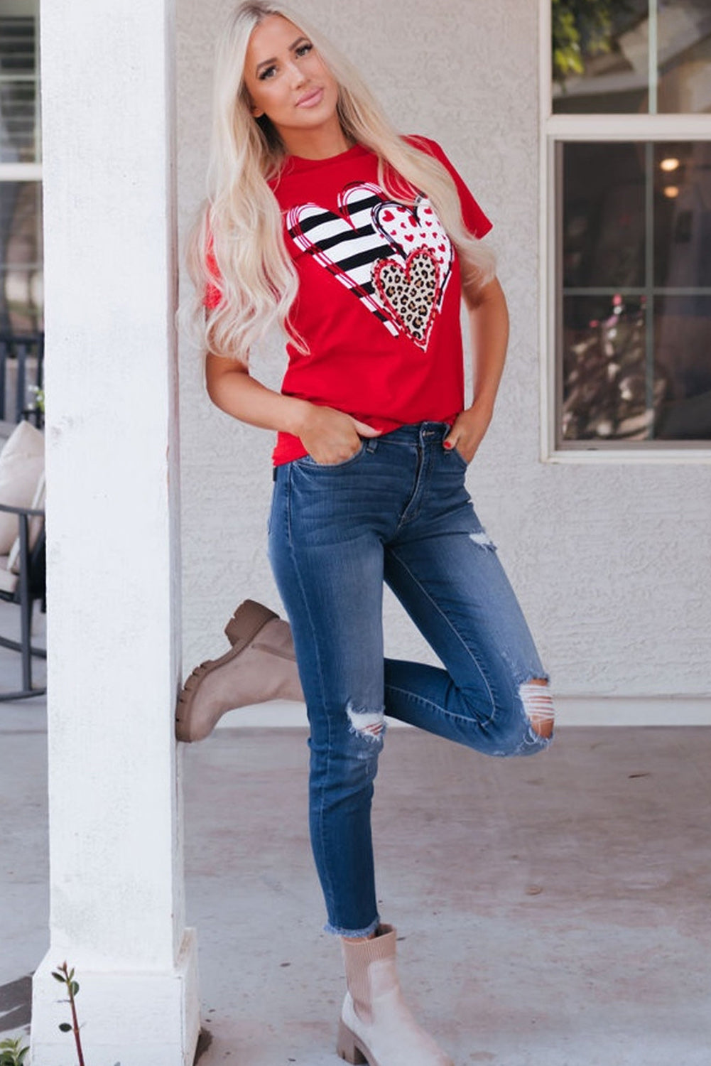 Red Leopard Striped Heart Shaped Print Crew Neck T-Shirt