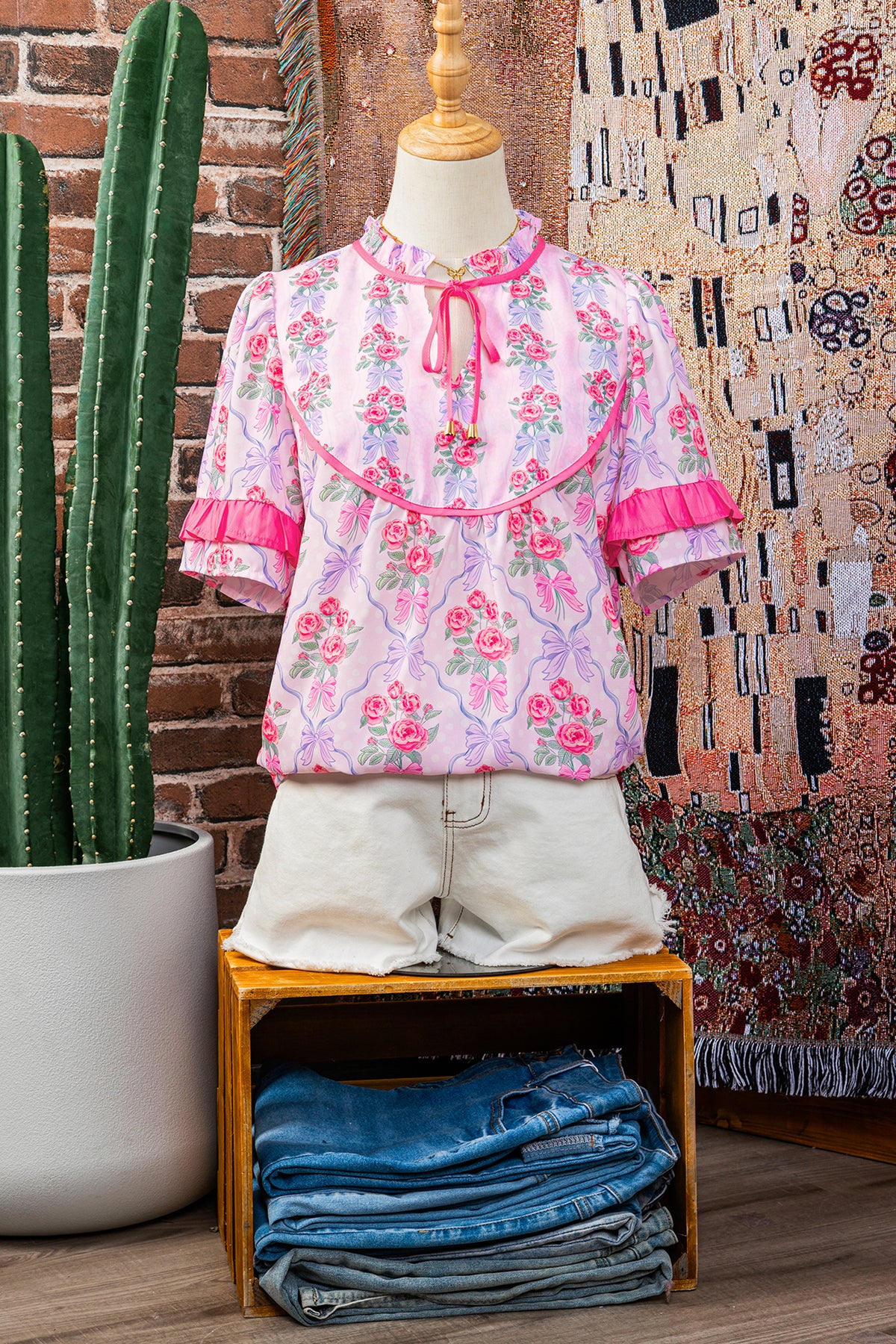 Purple Coquette Floral Bow Contrast Ruffled Short Sleeve Blouse