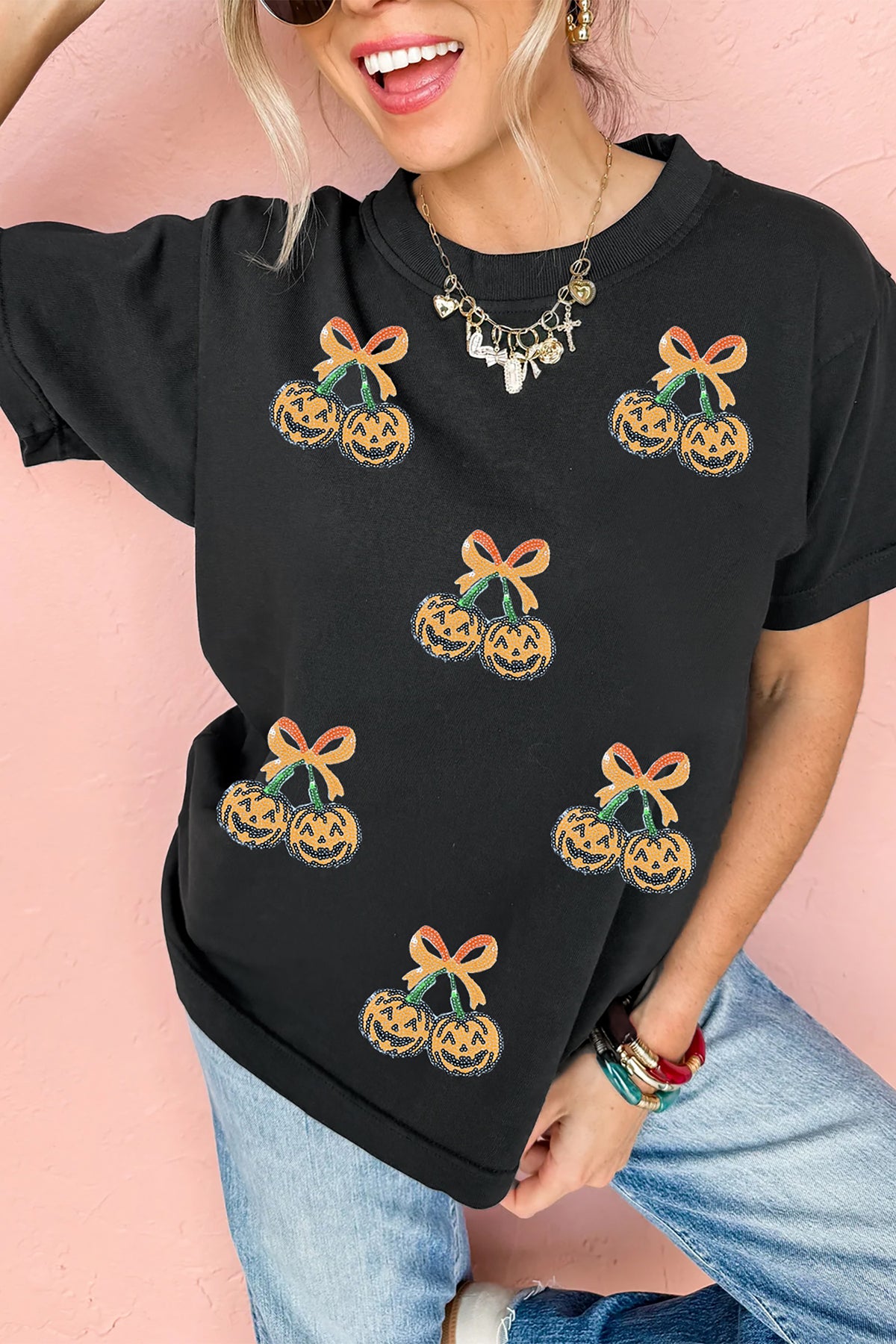 Black Sequin Pumpkin Cherry Graphic Round Neck Casual T-Shirt