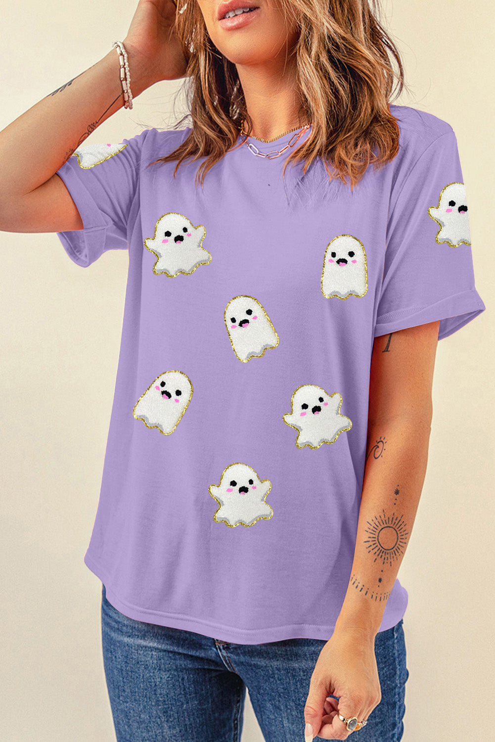 Wisteria Glitter Trim Chenille Ghost Patched Halloween Graphic Tee
