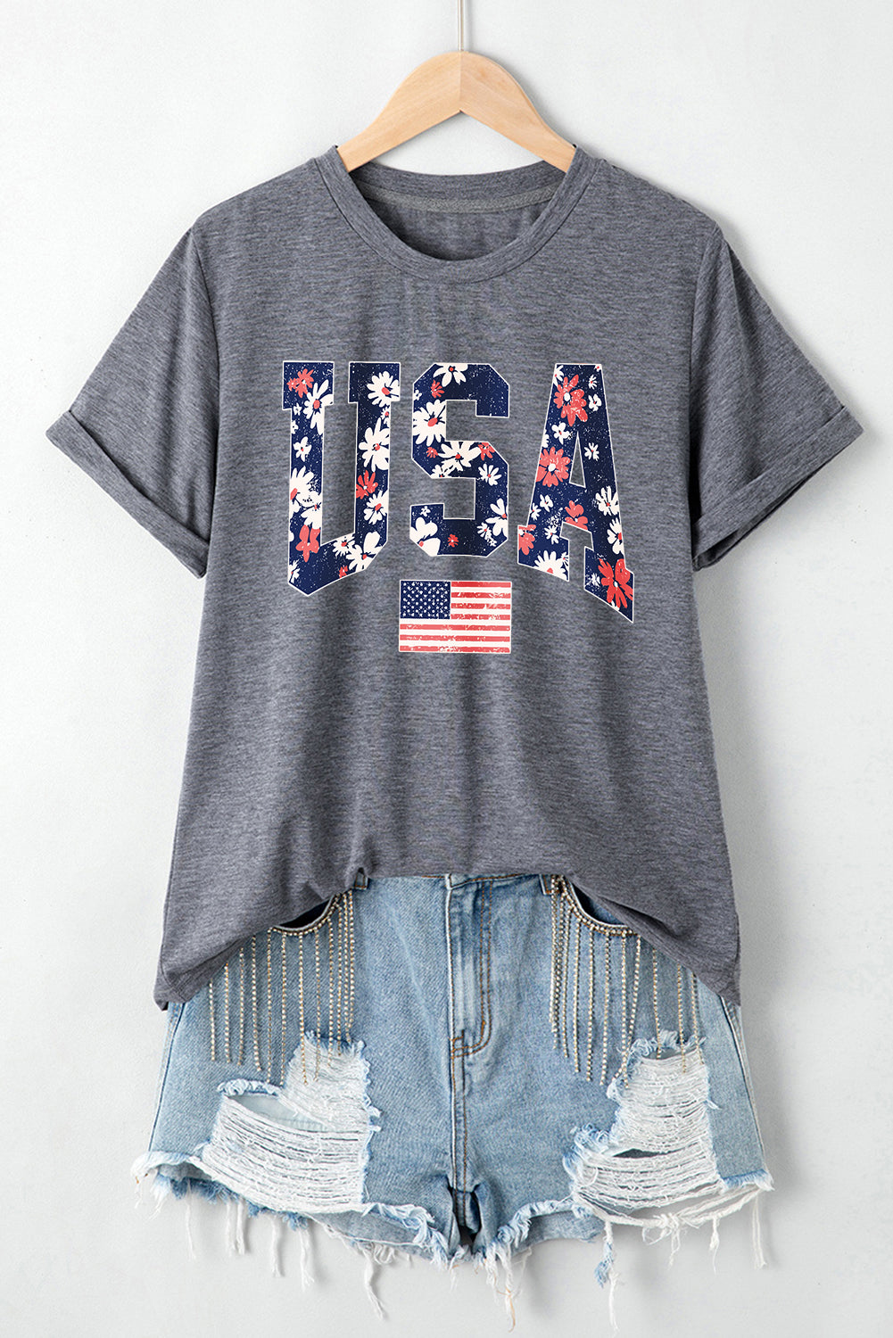 Gray Blooming USA Flag Print Casual T-Shirt