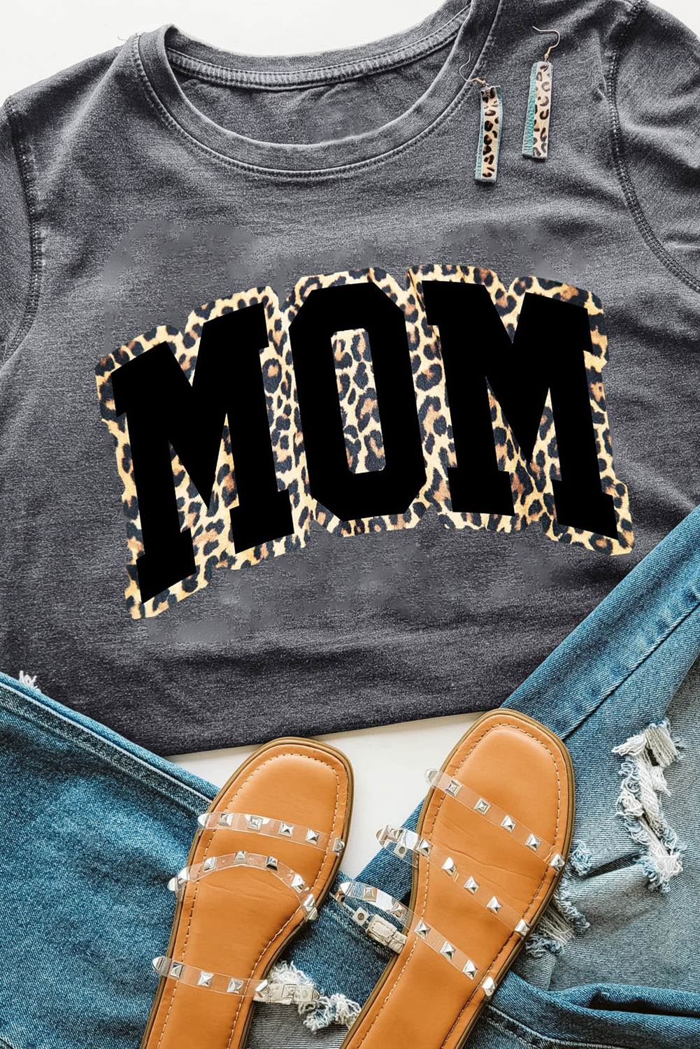 Gray Leopard MOM Graphic Crewneck Mothers Day T-Shirt