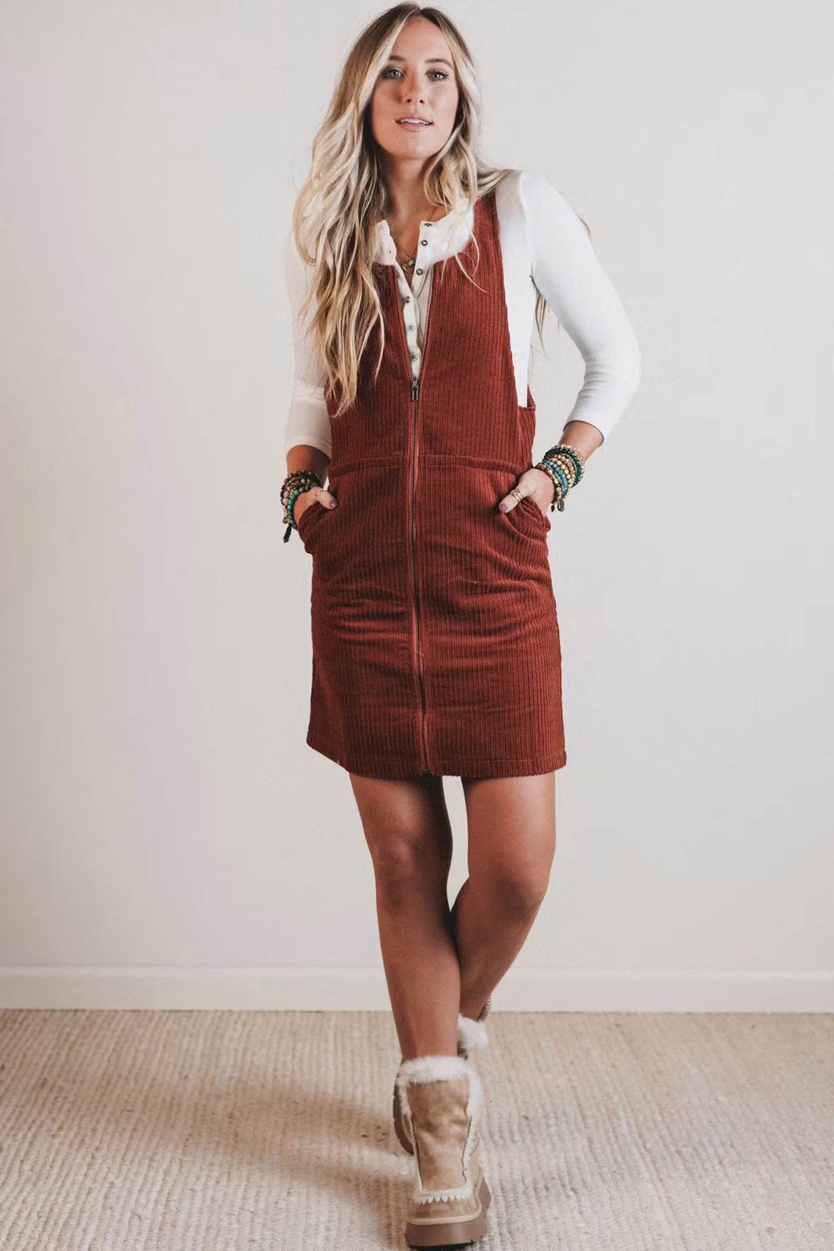 Clay Ribbed Corduroy Zip Up Sleeveless Pocket Sheath Dress