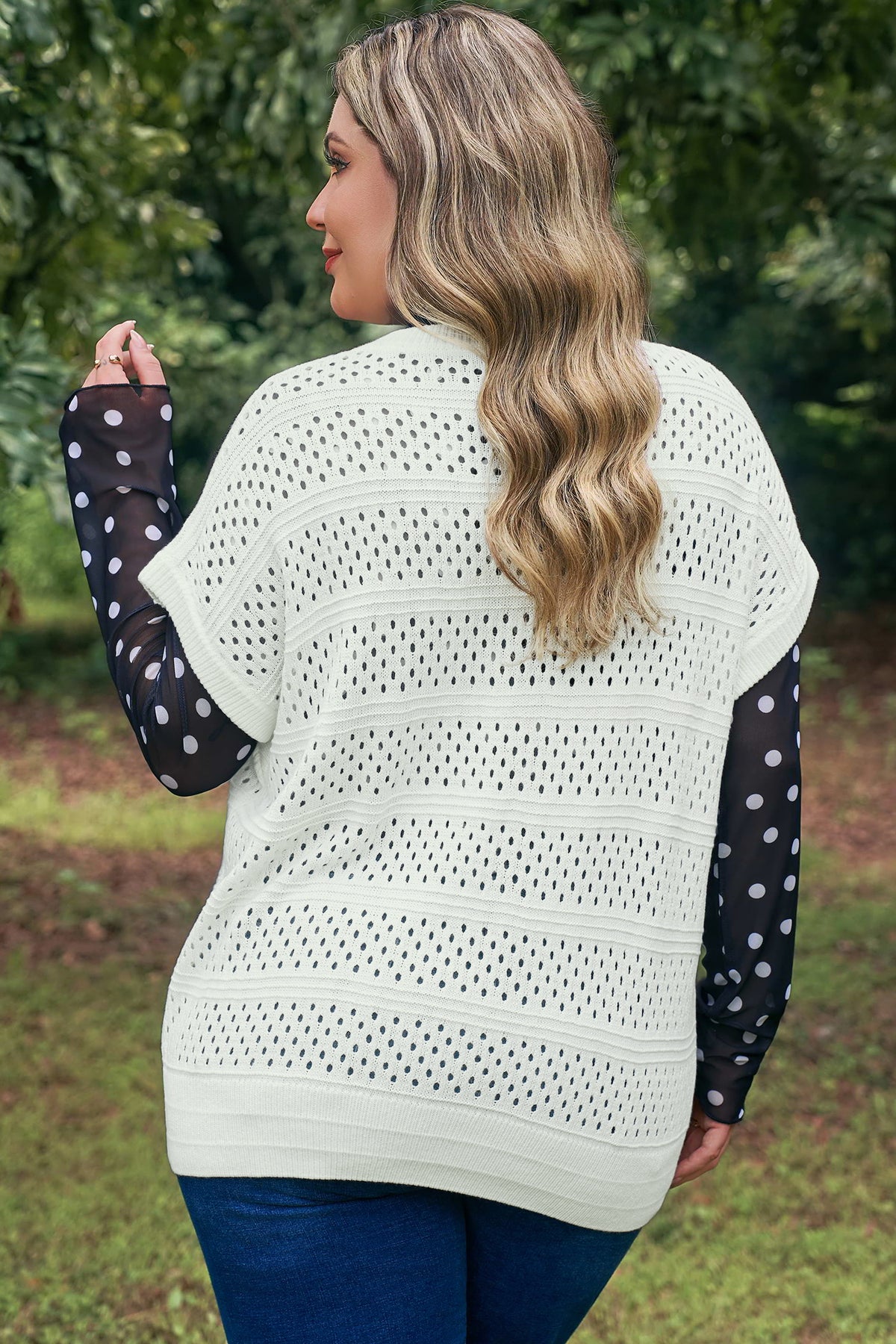 White Plus Size Eyelet Hollow Out Knit Ribbed Trim Short-Sleeve Dolman Sweater