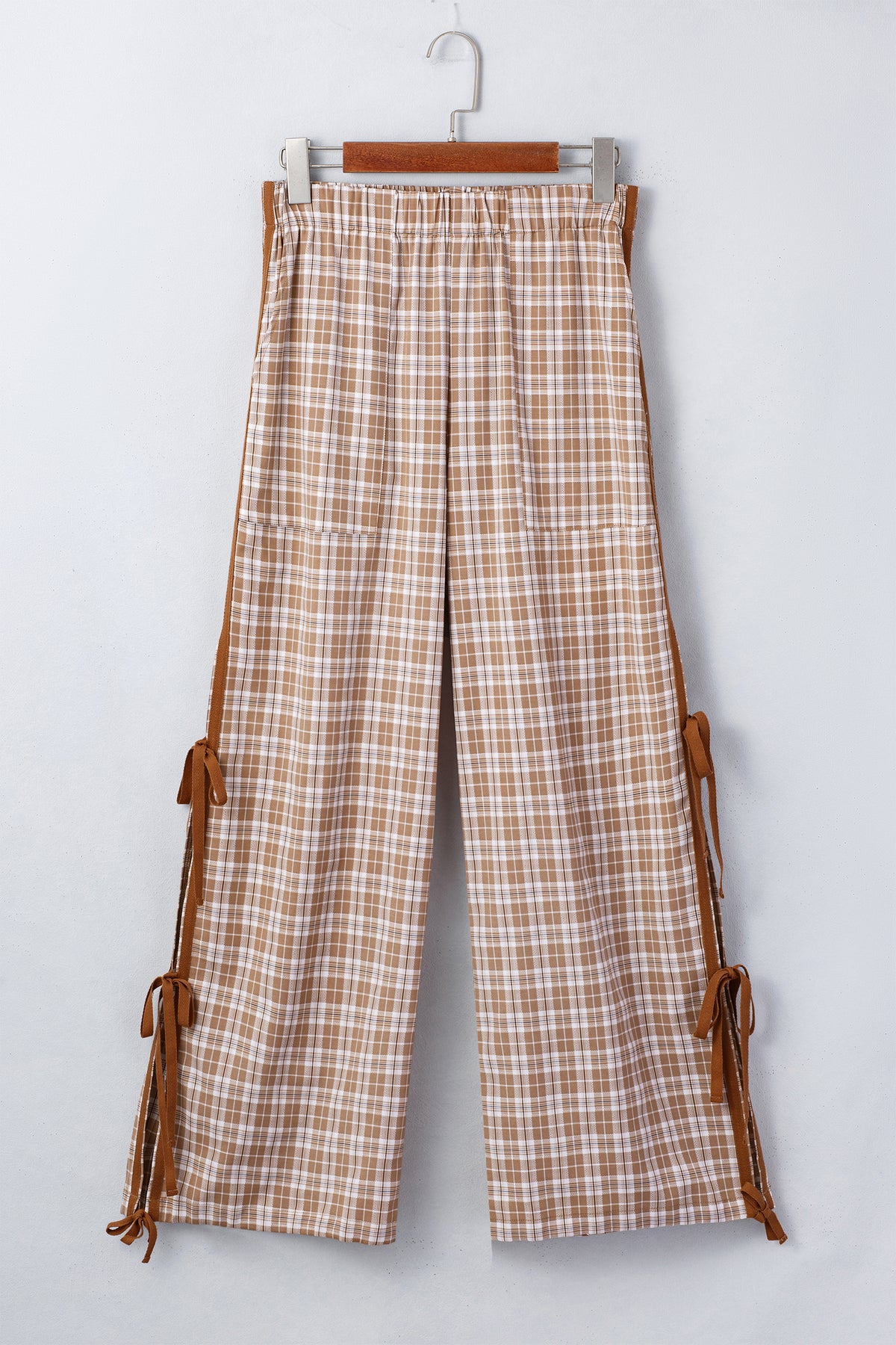 Chestnut Plaid Print Elastic Waist Bow Tie Contrast Jogger Pants
