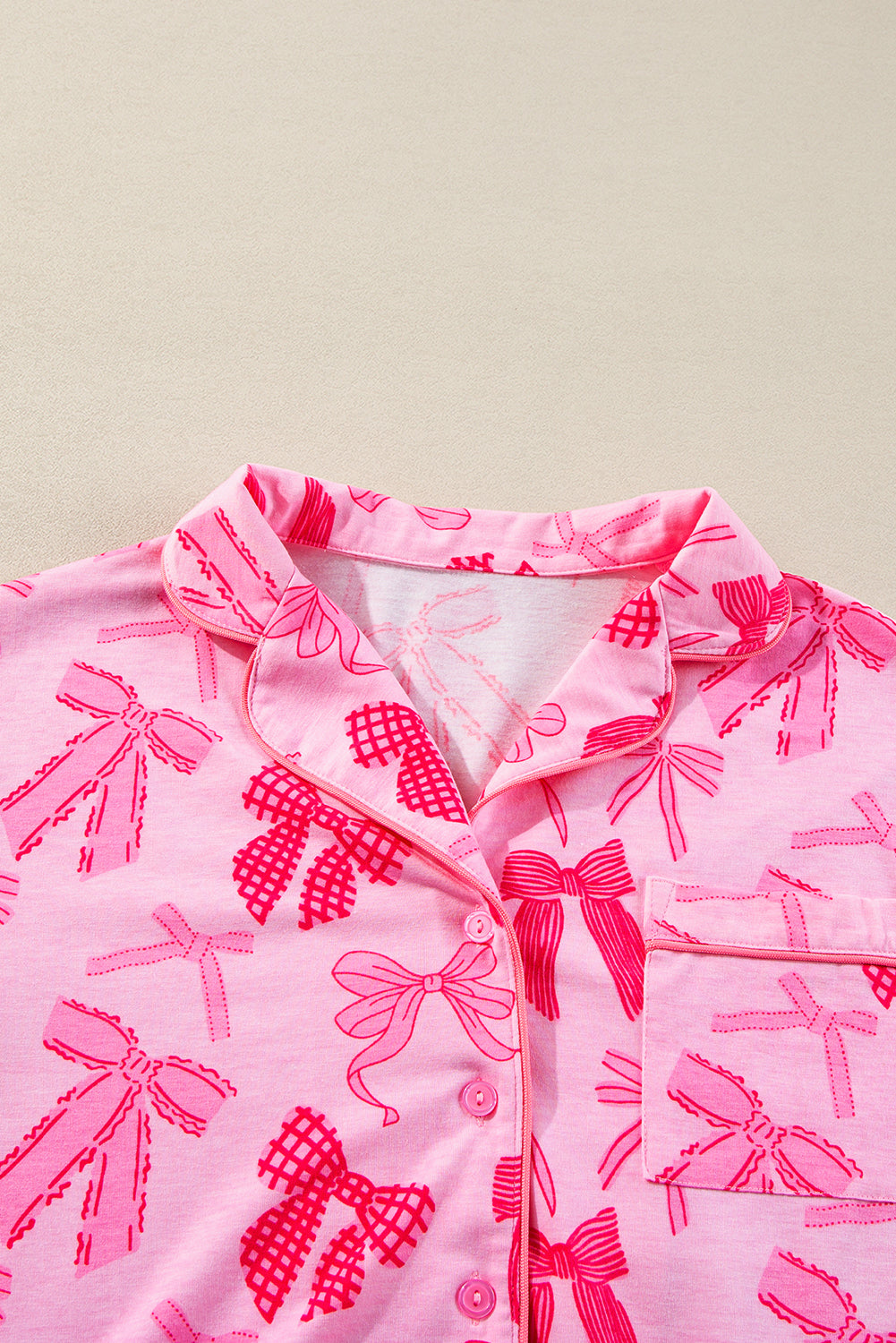 Pink Bow Print Lapel Collar Short Sleeve and Pants Pajama Set