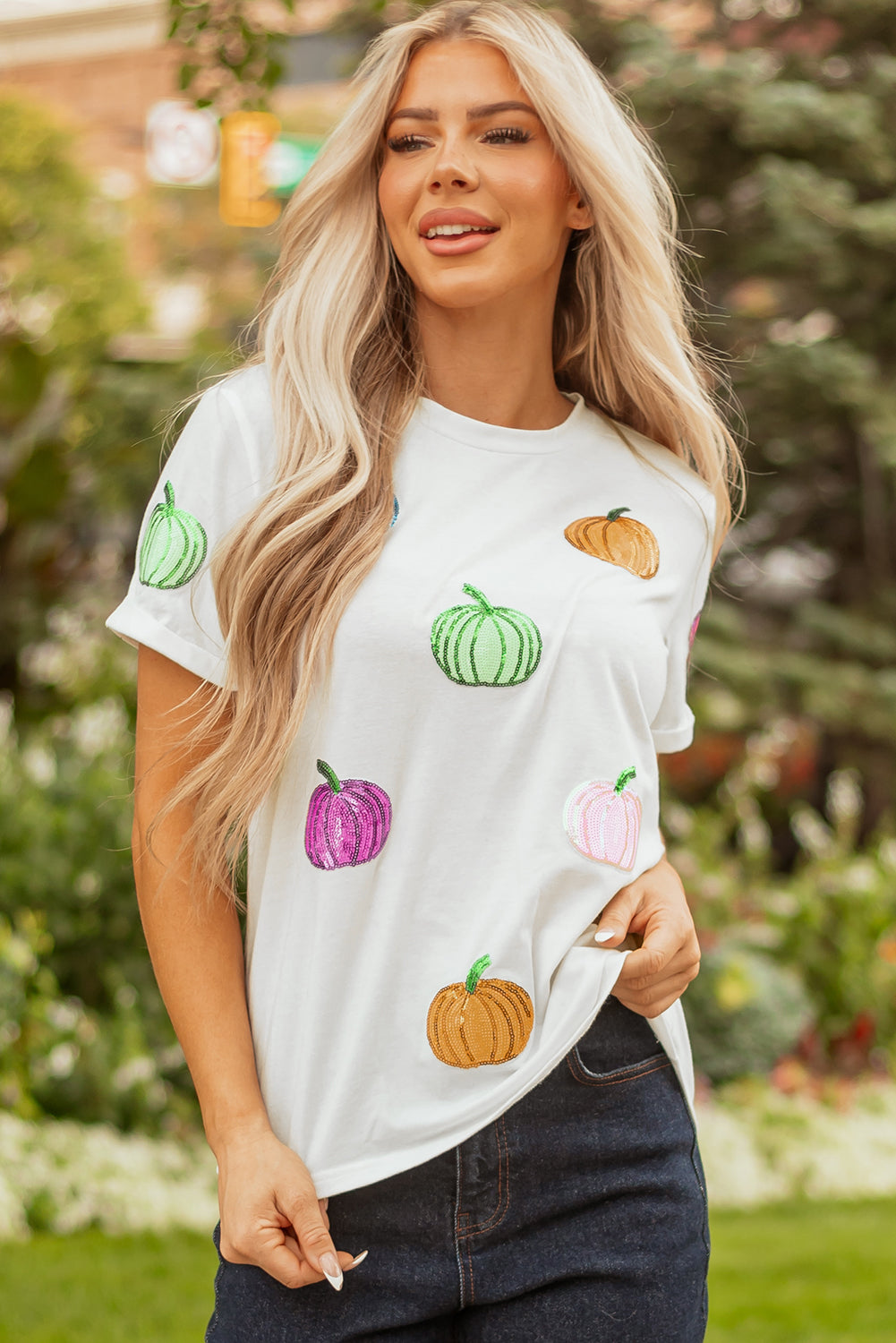 White Sequin Pumpkin Patched Cotton Blend T-Shirt