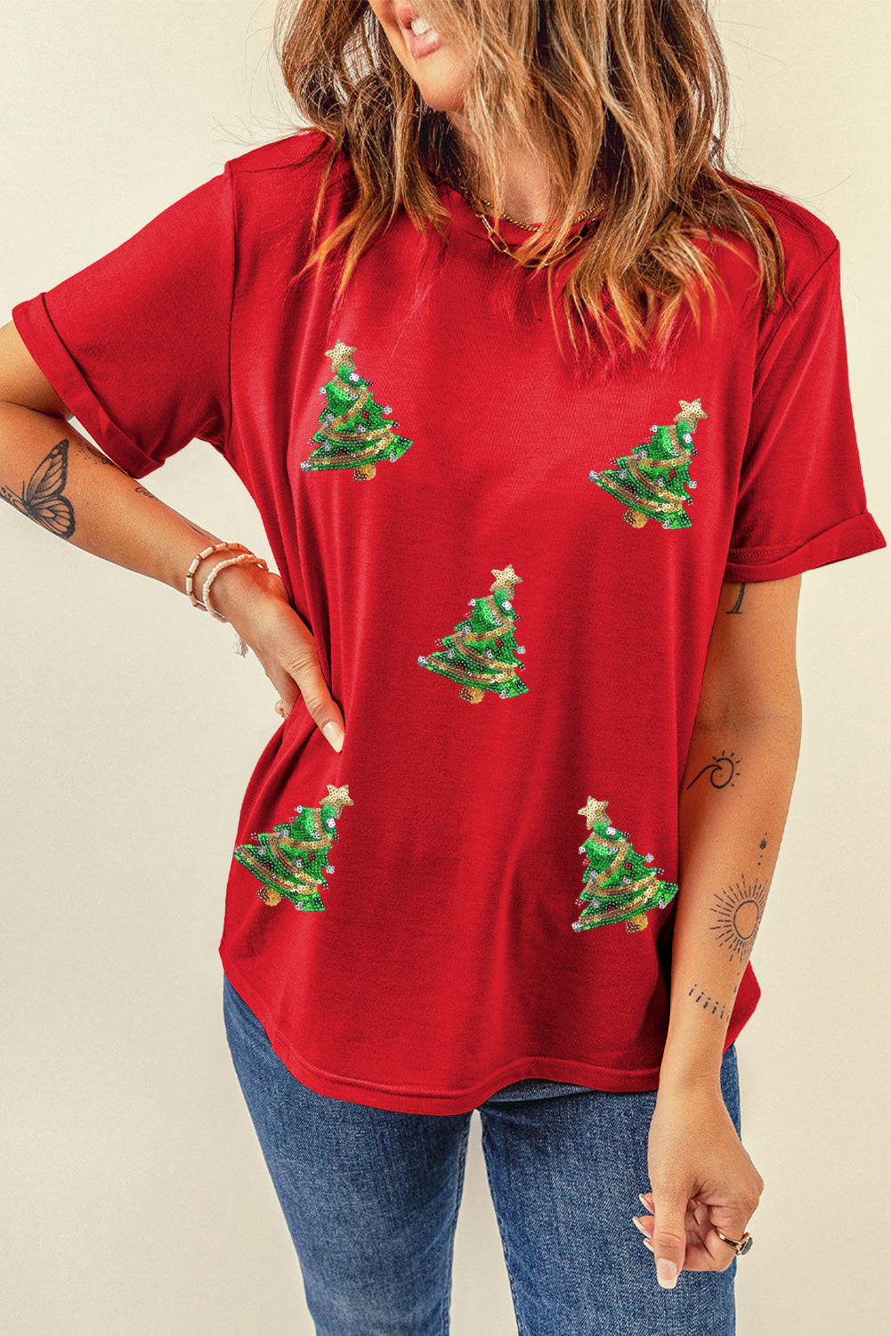 Red Sequined Christmas Tree Graphic Crewneck T-Shirt
