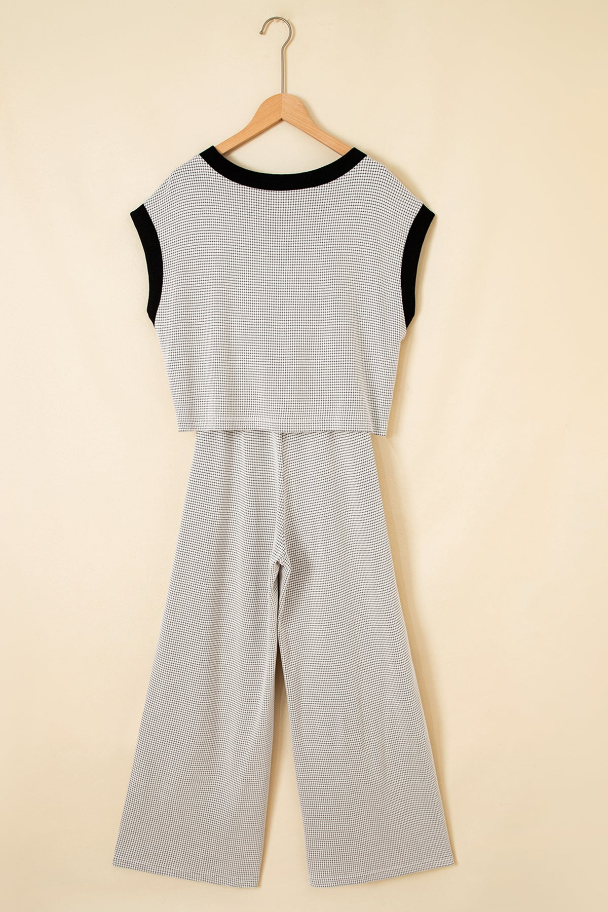 Women's Beige Stylish Knit Lace Colorblock Trim V-Neck Tank Drawstring Wide-Leg Pants Set