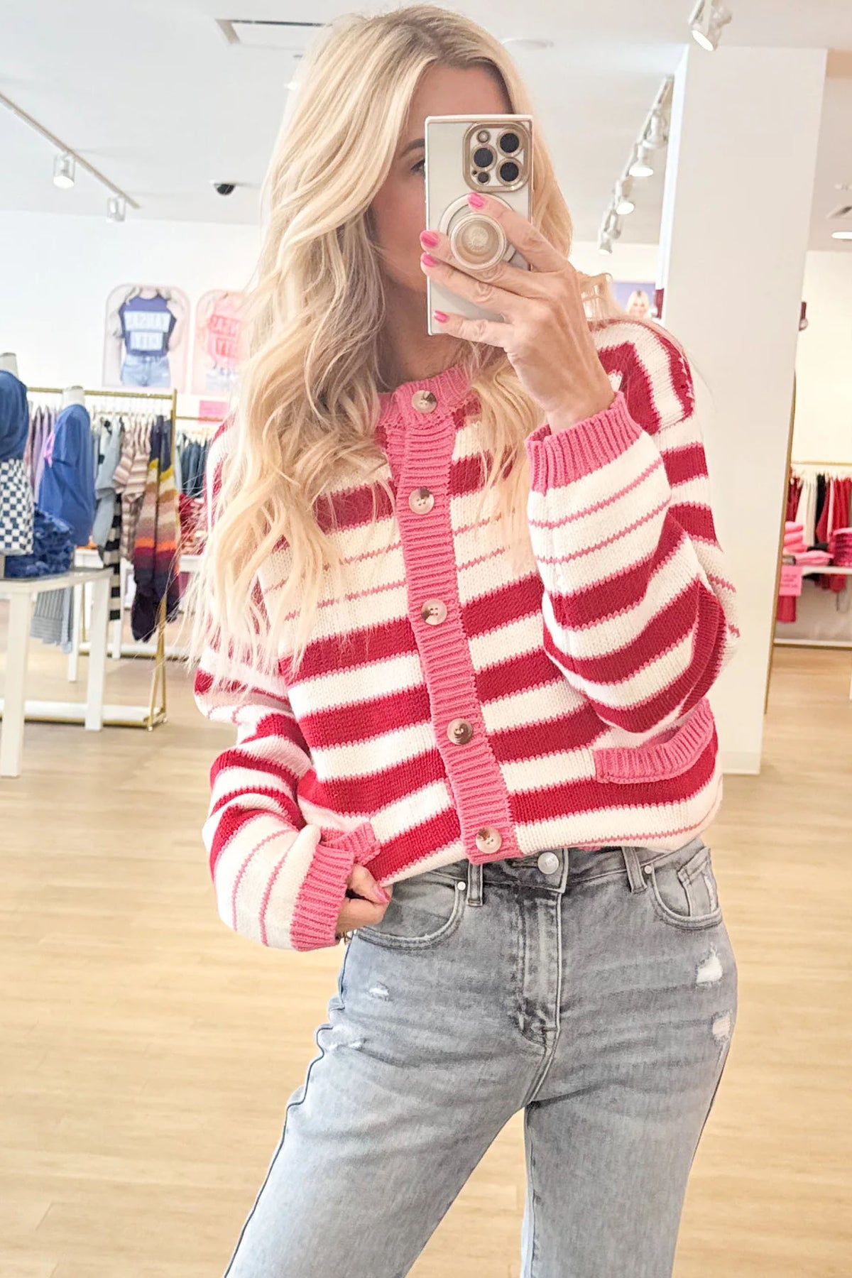 Red Stripe V Neck Long Sleeve Cardigan