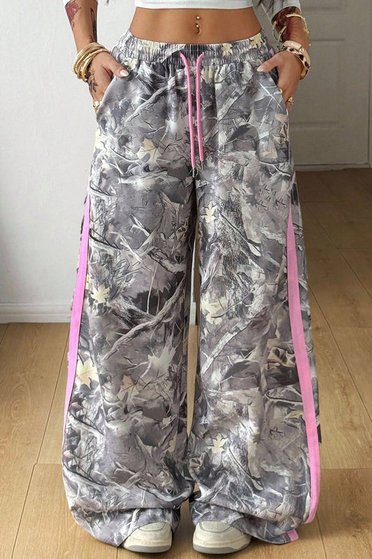 Gray Camo Woodland Print Color Block Drawstring Wide Leg Sweatpants