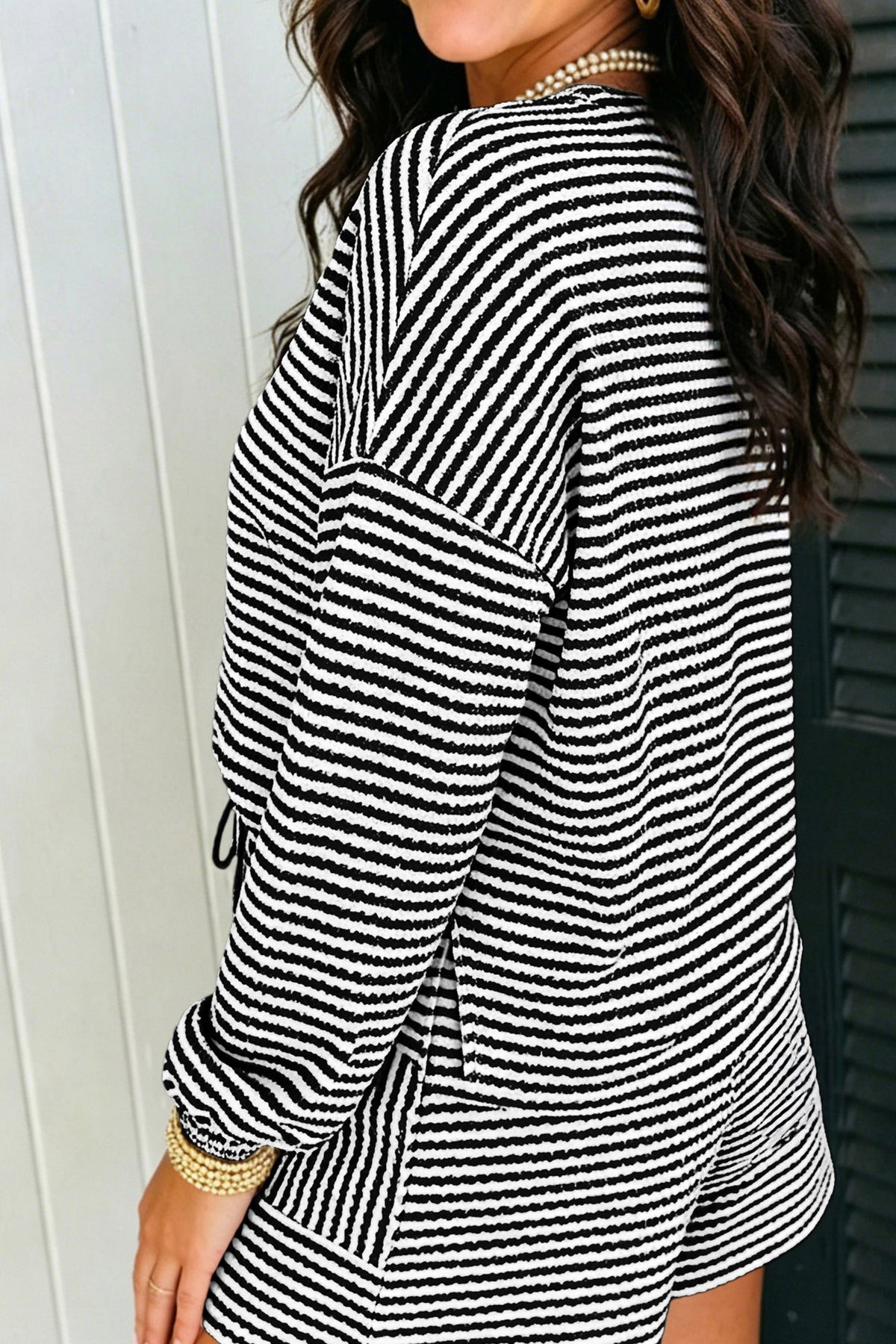 Women's Brown Stripe Textured Knit Long-Sleeve Top Elastic Waist Shorts Casual Outfit