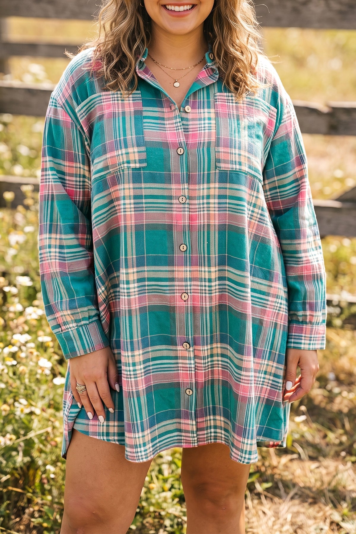 Green Plaid Button-Up Shift Long-Sleeve V-Neck Plus Size Dress