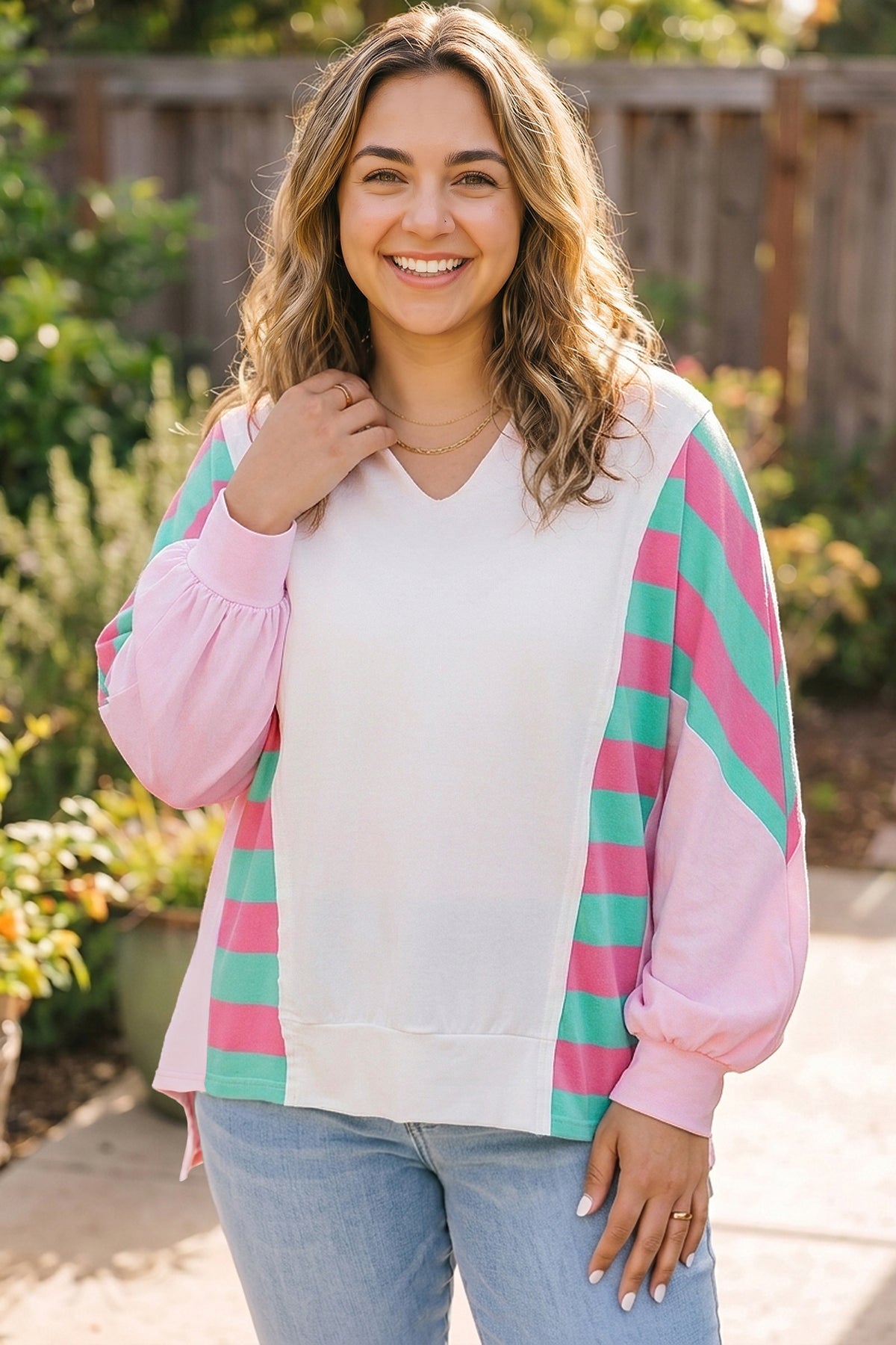 White Striped Color-Block V-Neck Shift Long-Sleeve Plus Size Blouse