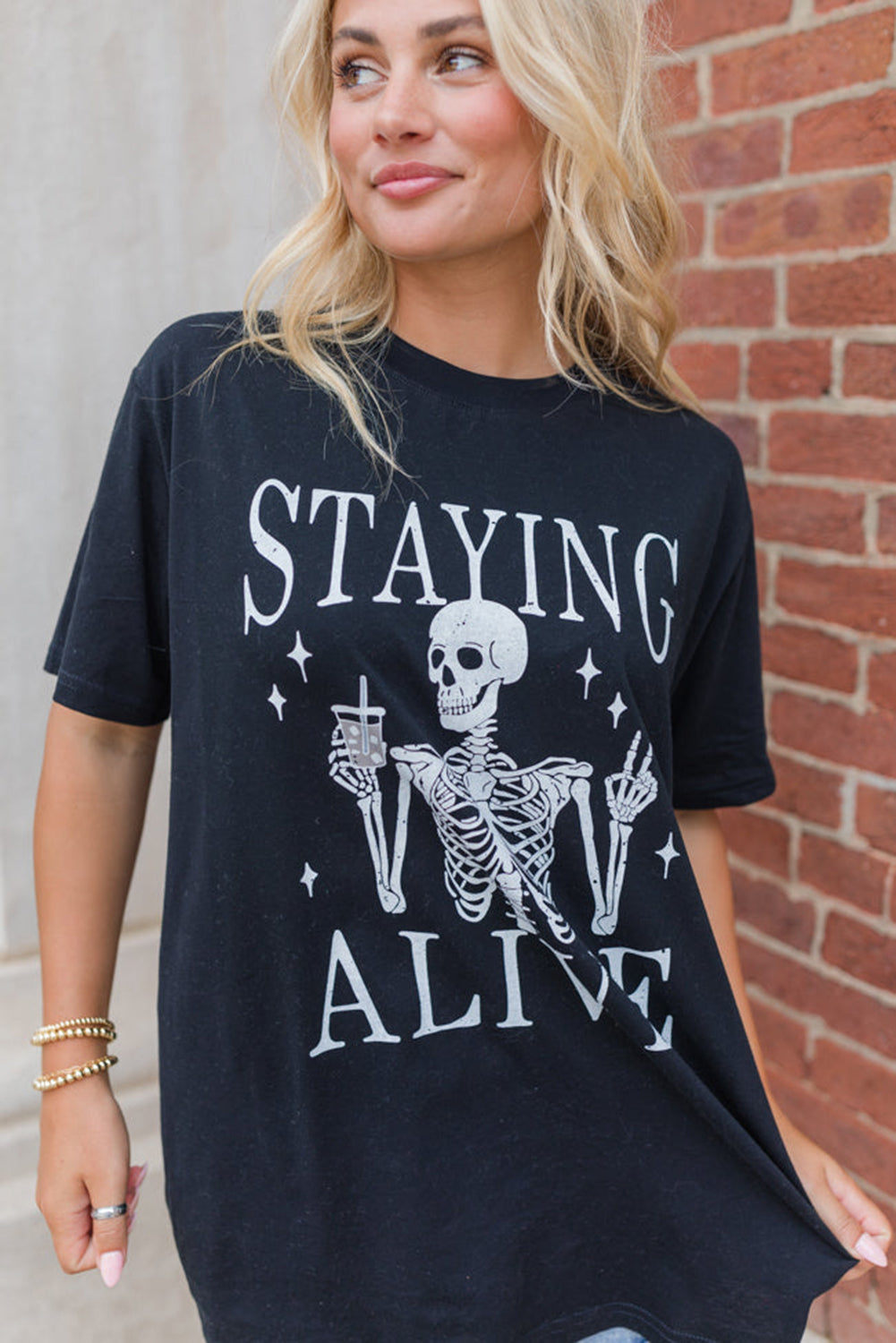 Black STAYING ALIVE Funny Skeleton Print Round Neck T-Shirt