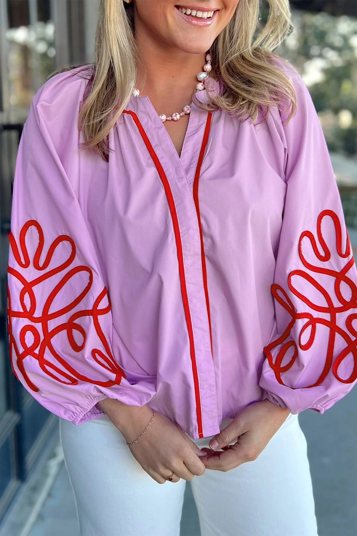 Orchid Bouquet Contrast Decorative Neckline Cotton Blouse