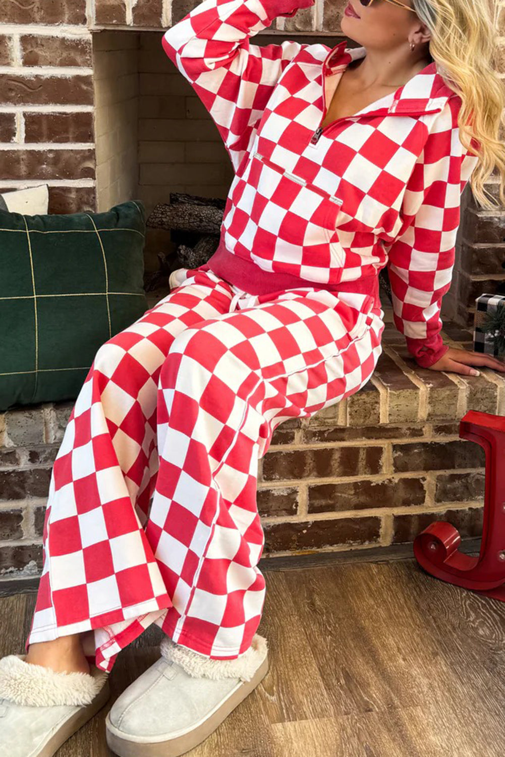 Women's Red Checkered Print Half Zip Hoodie Pants Two-Piece Set