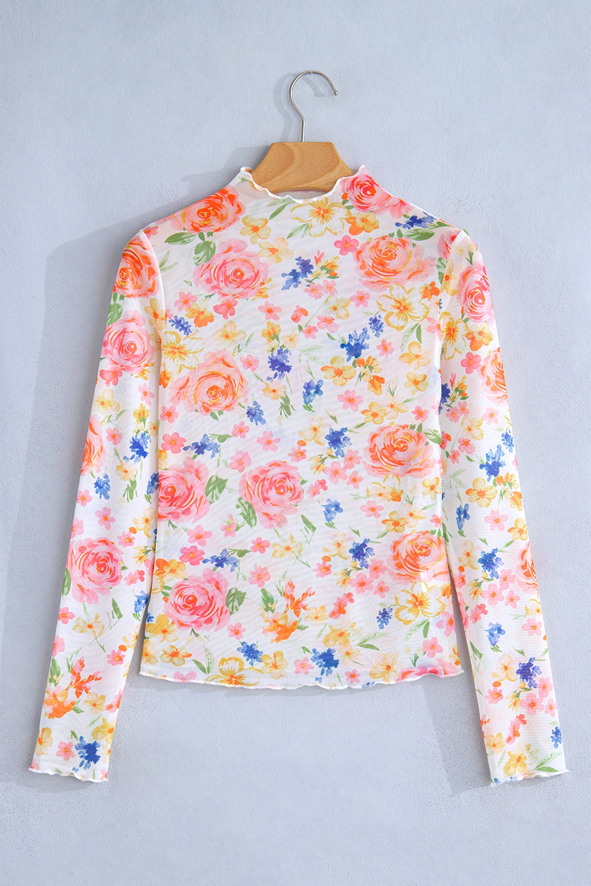 White Lettuce Trim Floral Print Sheer Mesh Top