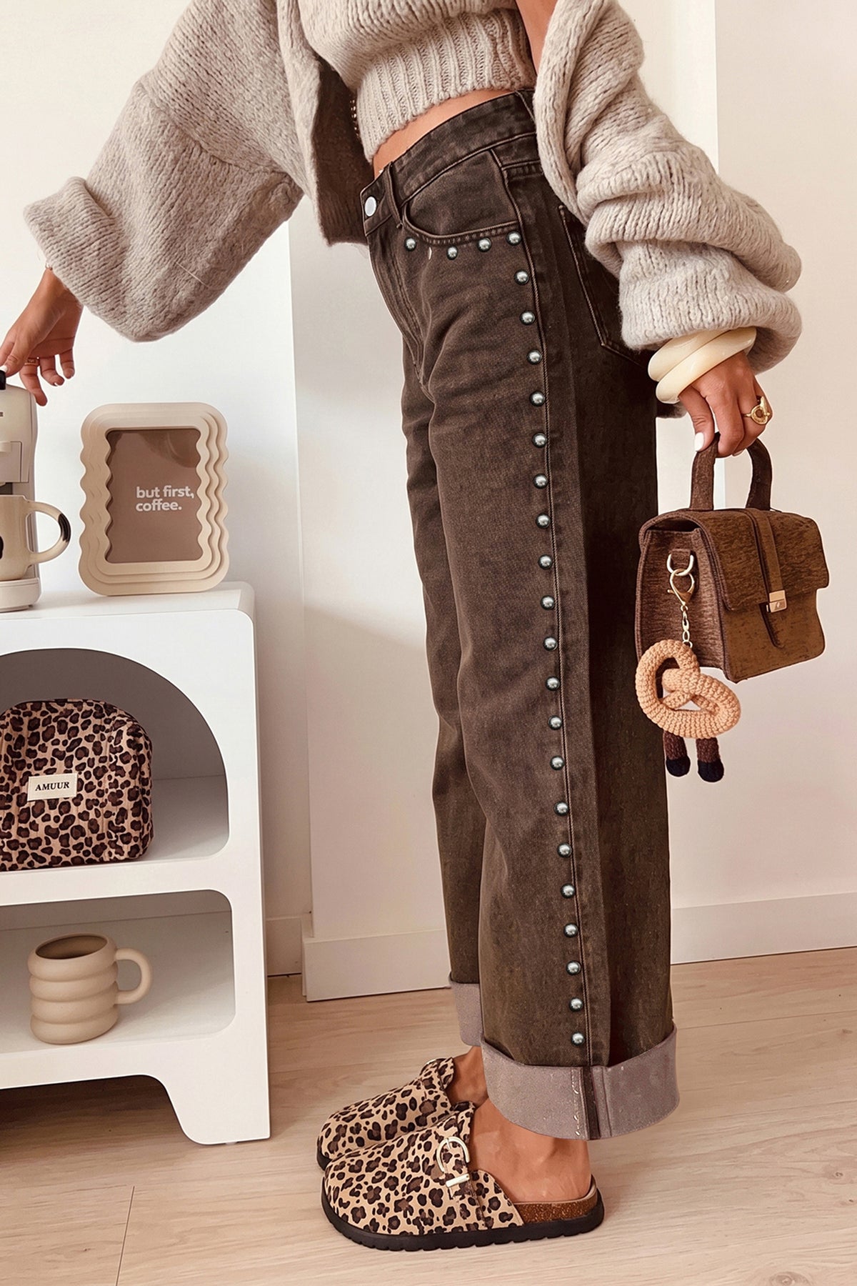 Coffee Studded Straight Leg Casual Loose Jeans