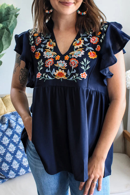Dirty Blue V Neck Ruffled Sleeve Floral Embroidered Babydoll Blouse