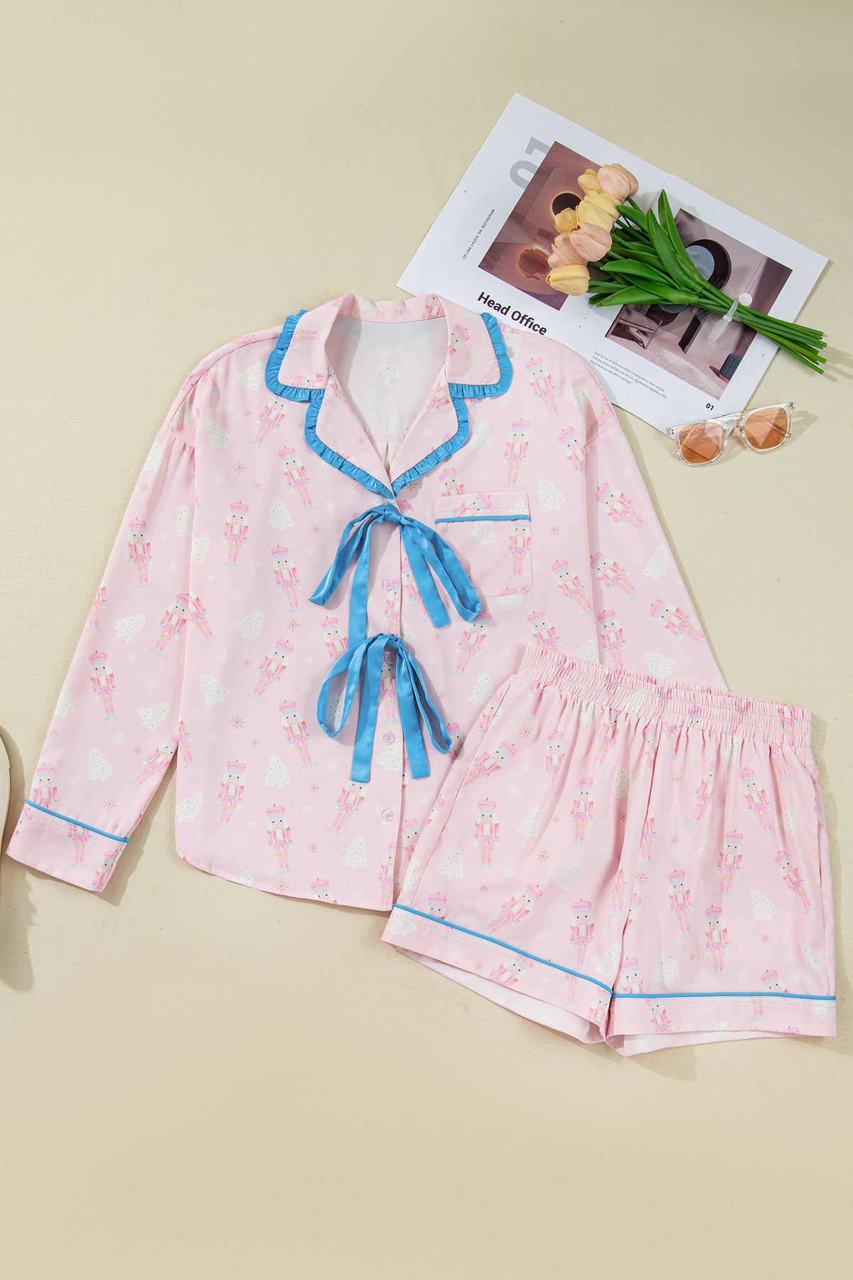 Pink Nutcracker Bow Tie Front Long Sleeve Shirt and Shorts Pajama Set