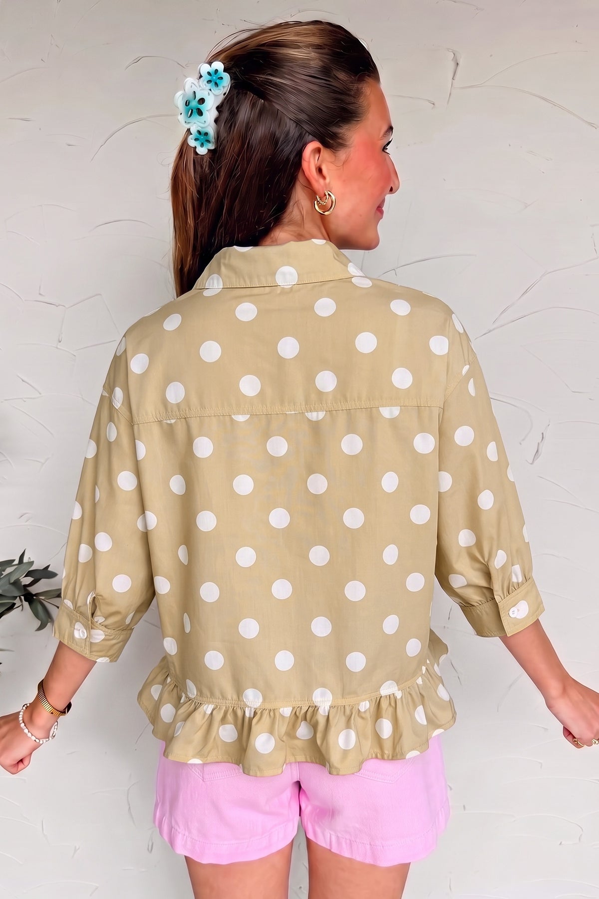 White Polka Dot Print Three Quarter Sleeve Ruffle Hem Shirt