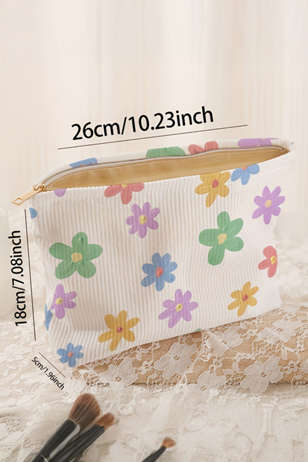 White Flower Print Rib Textured Large Cosmetic Bag