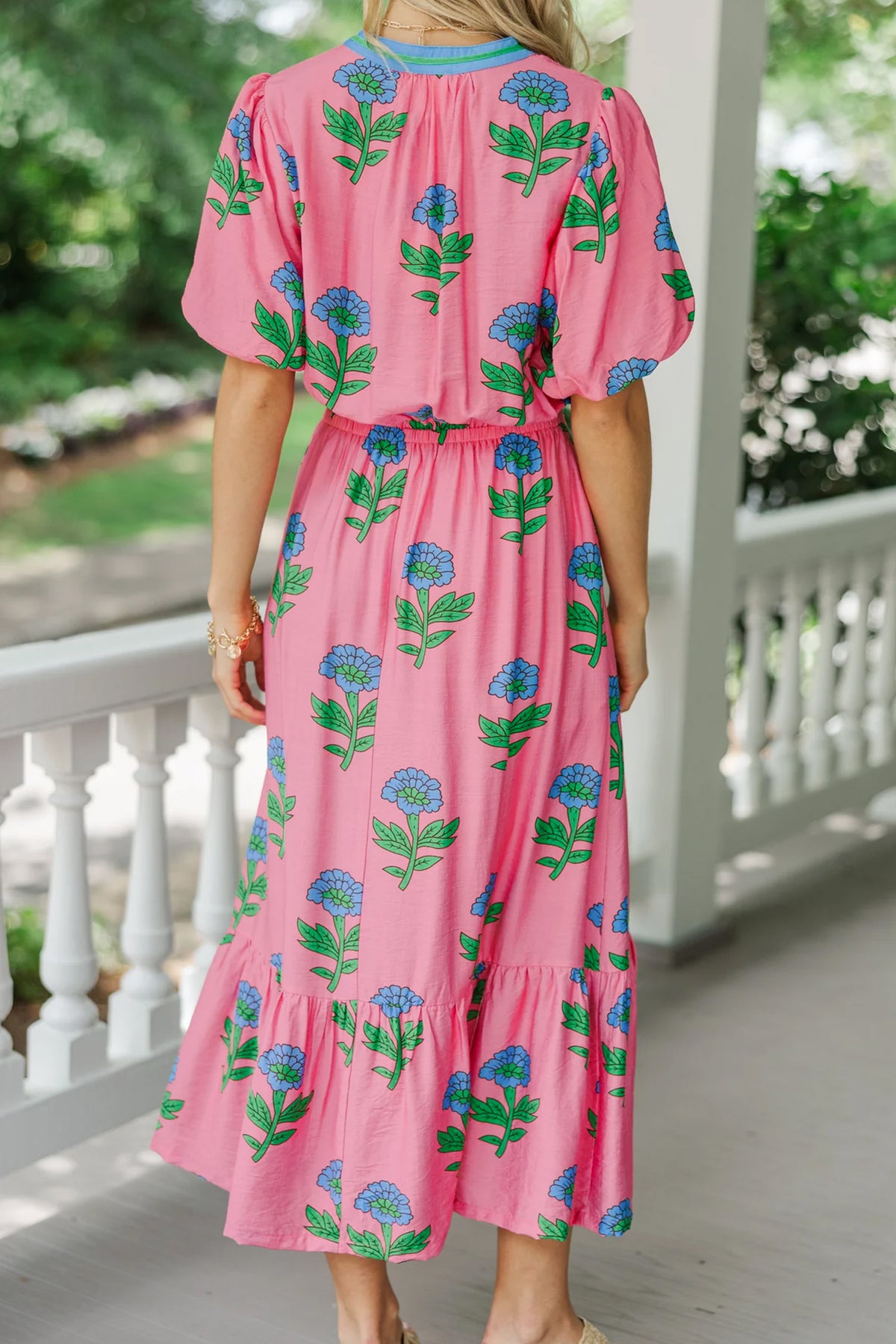 Pink Plus Size Striped V-Neck Ruffled Floral Long Dress
