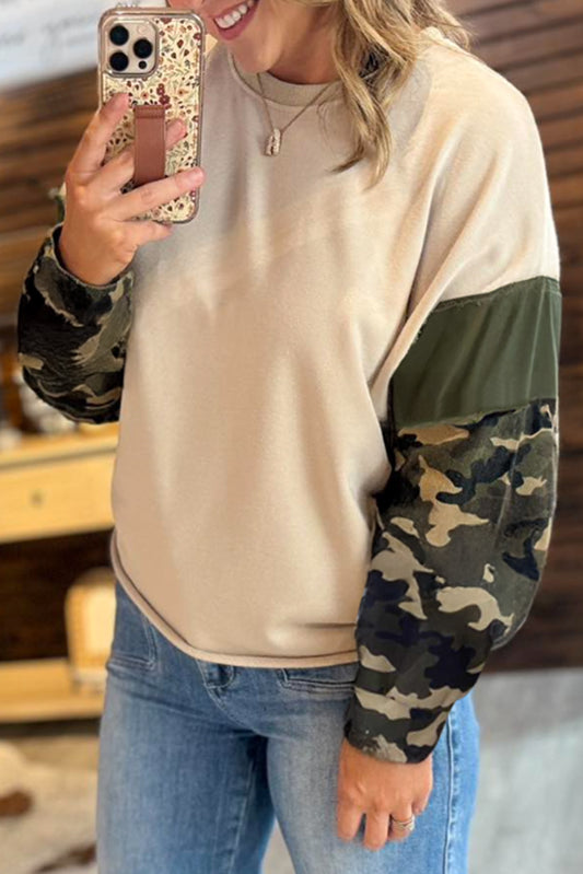 Apricot Camo Print Sleeve Raw Hem Plus Size Sweatshirt