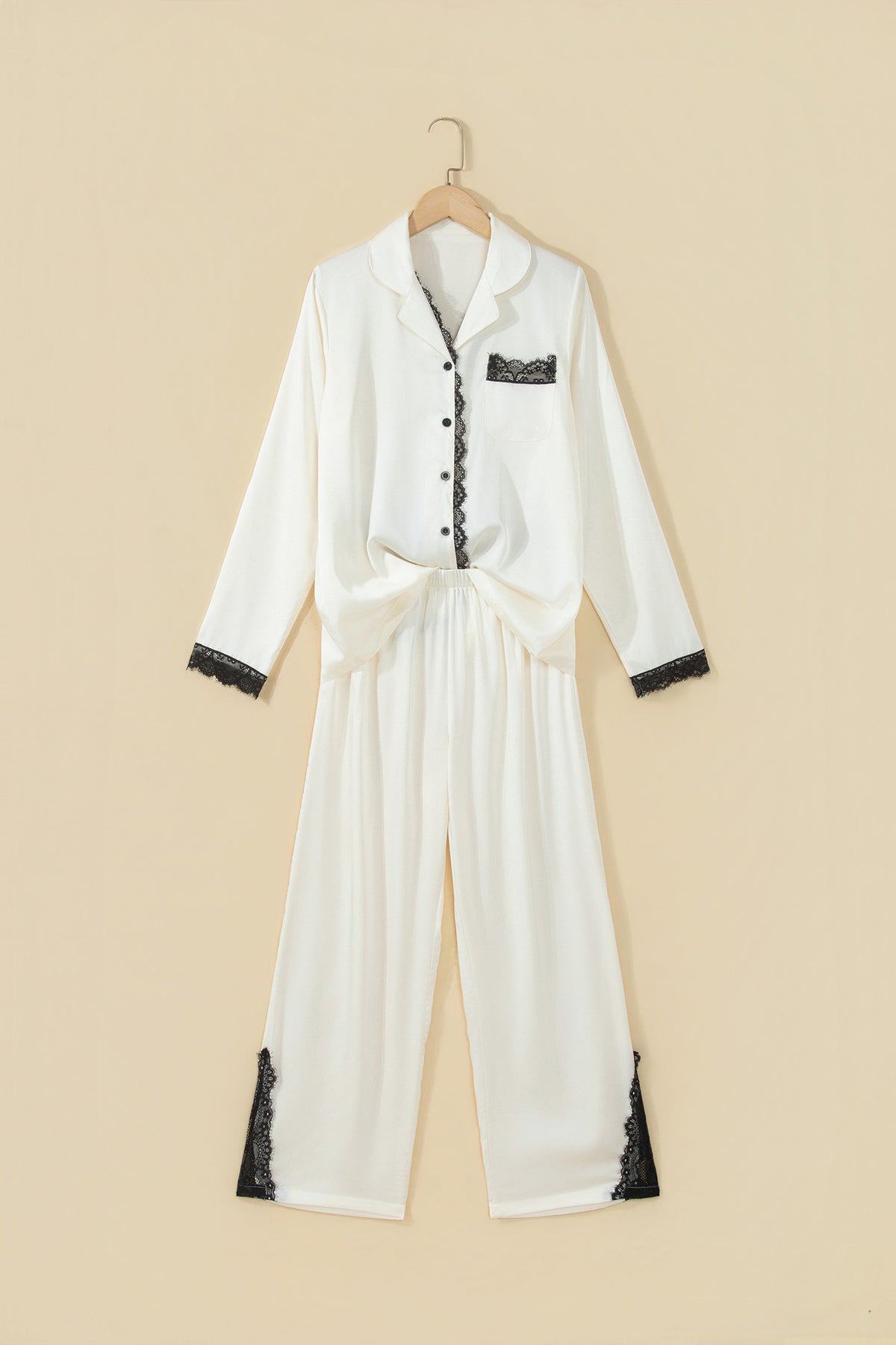 White Long Sleeve Lace Trim Button Front Pajama Set