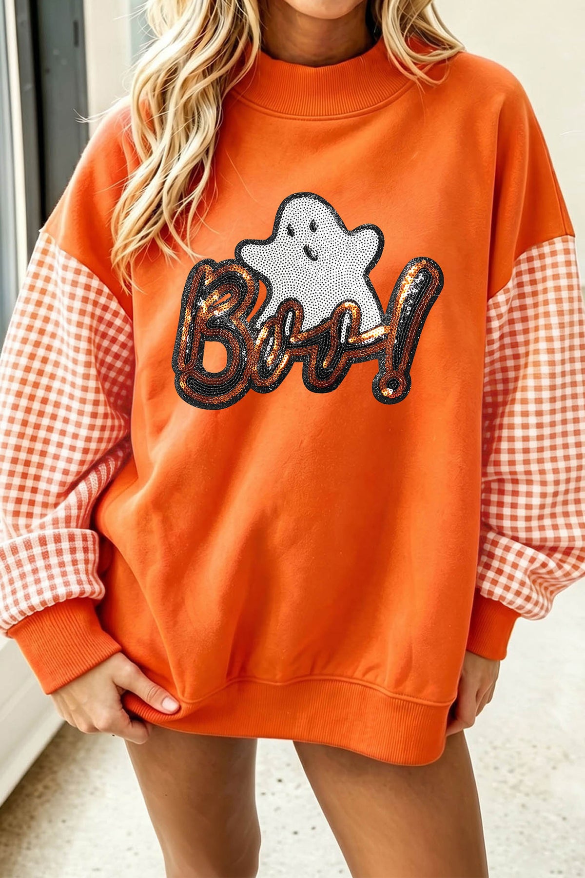 Russet Orange Boo Sequin Ghost Plaid Sleeve Halloween Sweatshirt