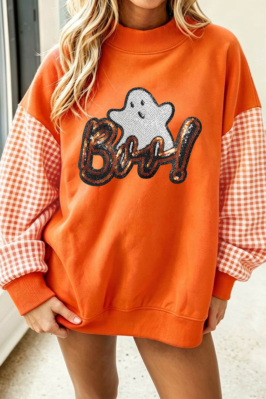 Russet Orange Boo Sequin Ghost Plaid Sleeve Halloween Sweatshirt