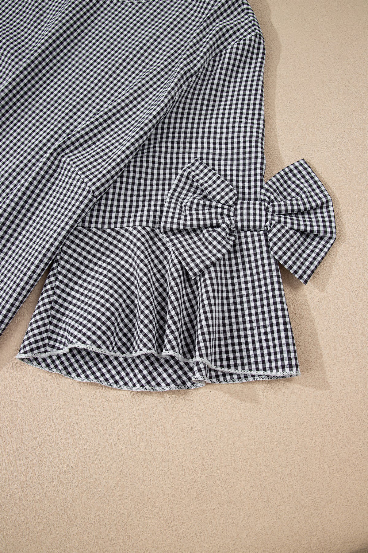Black Plus Size Plaid Bow Decor Bell Sleeve Round-Neck Jumper