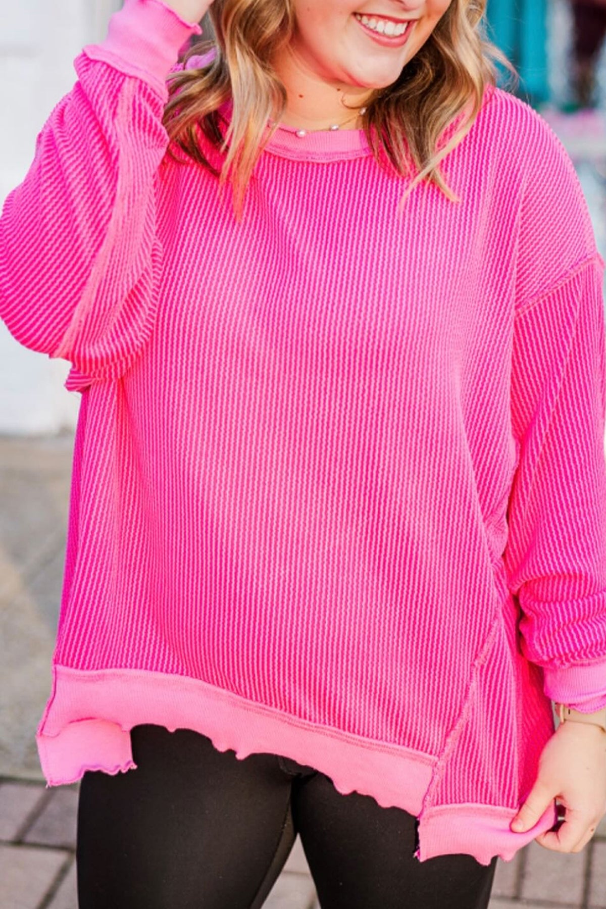 Rose Red Drop-Shoulder Uneven Hem Plus Size Twisted Rib Top