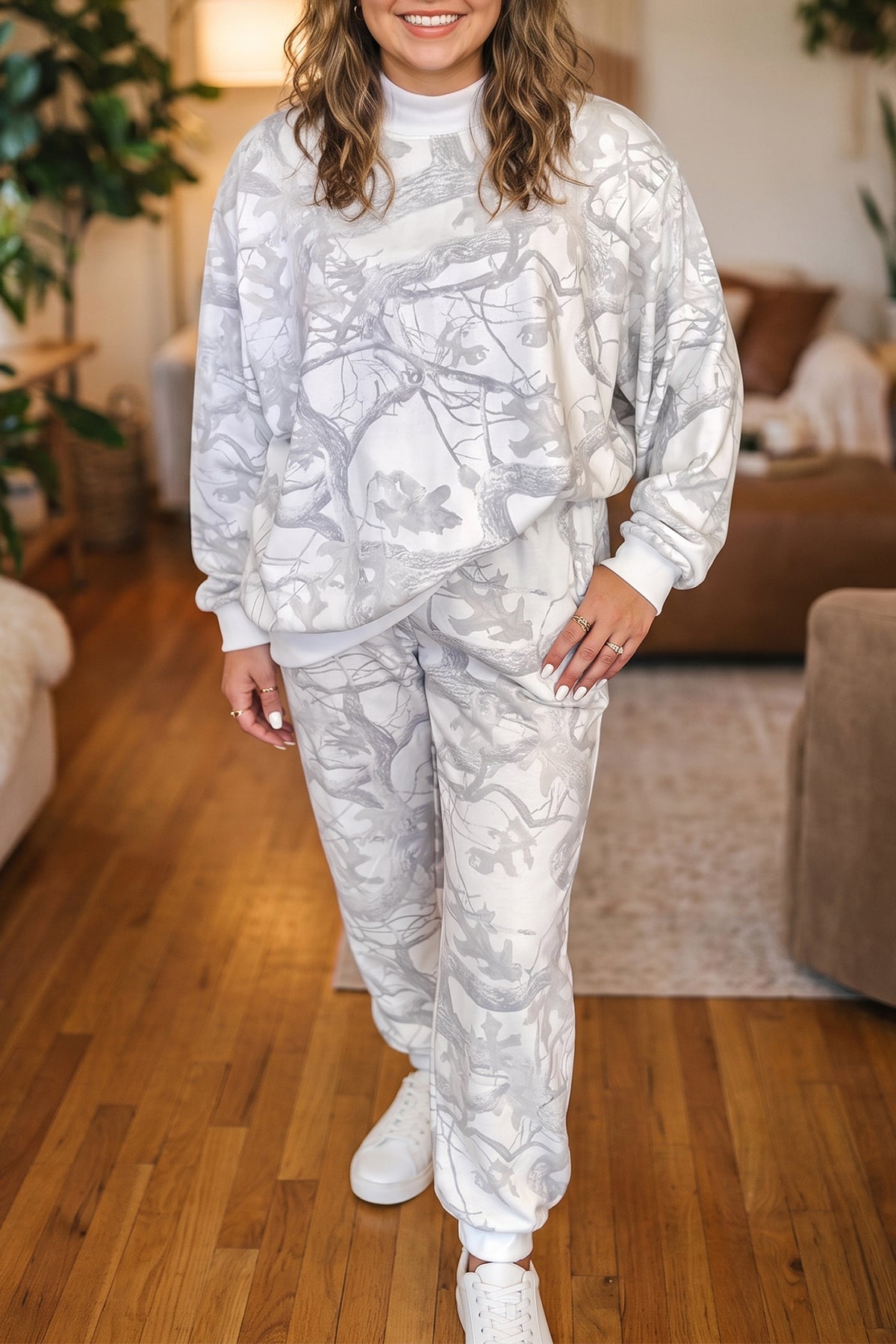 Gray Camouflage Print Stand Neck Long-Sleeve Regular Fit Plus Size Set
