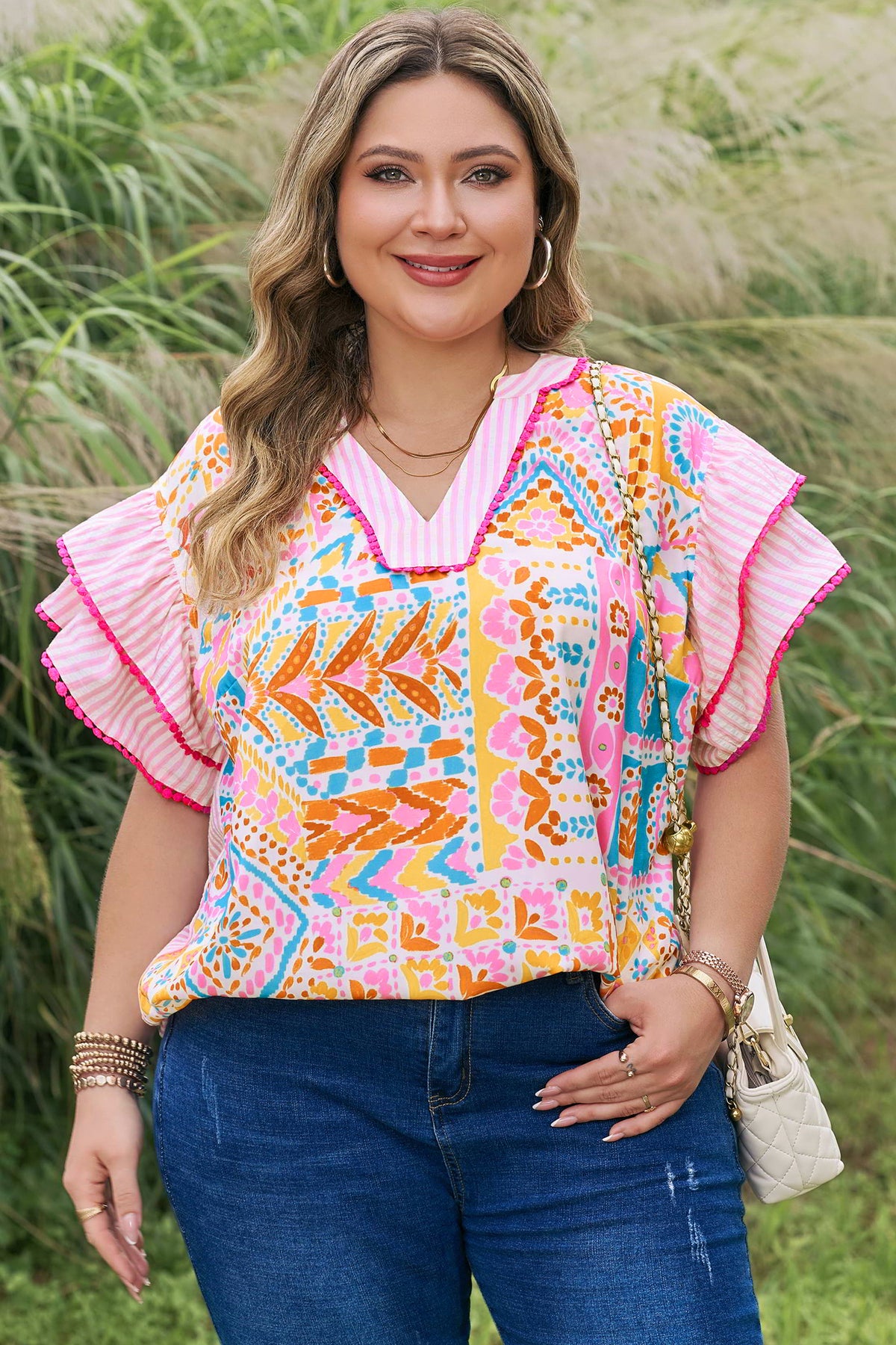 Rose Plus Size Geometric Print Contrast Trim Striped V-Neck Blouse