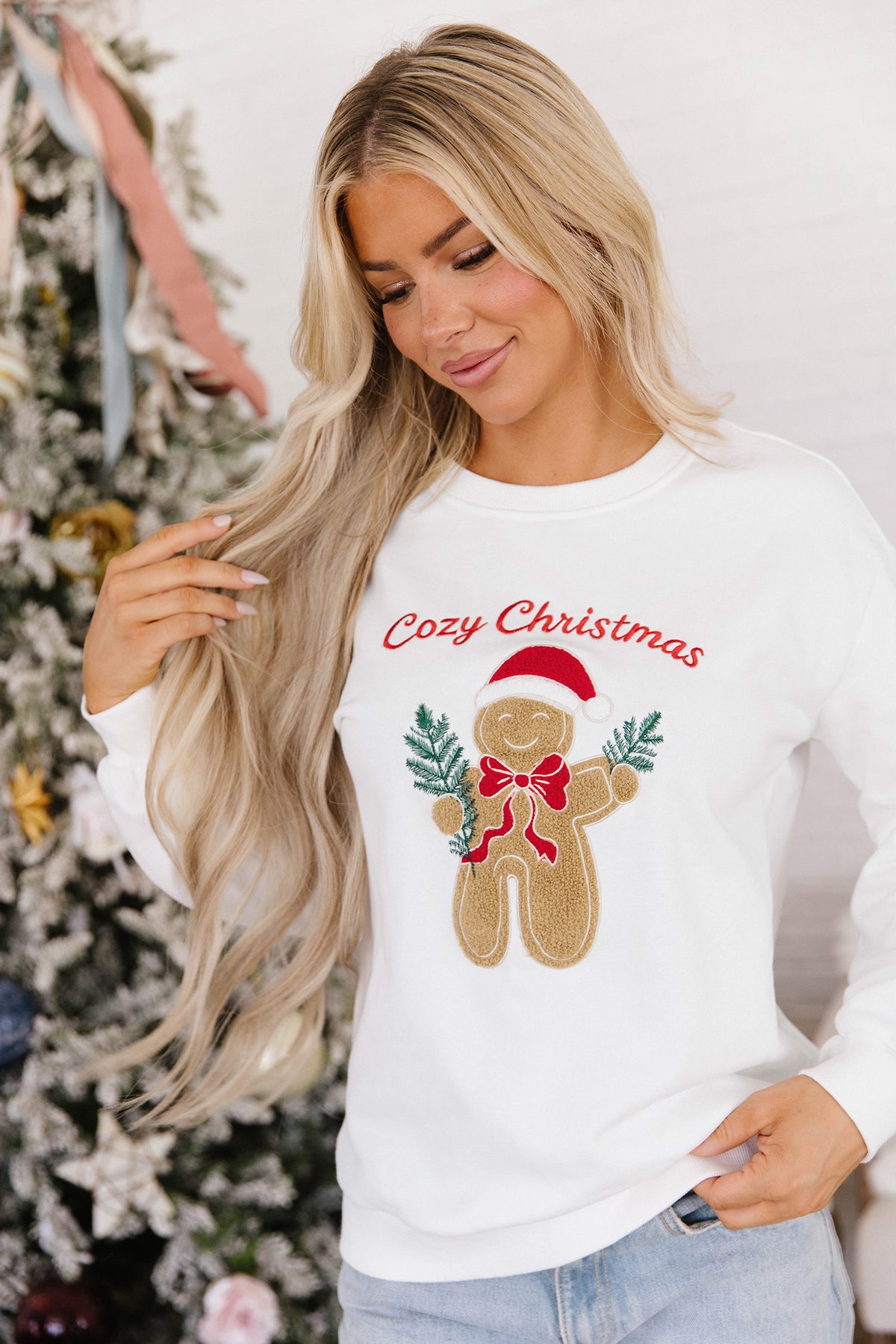 White Embroidered Gingerbread Christmas Long Sleeve Sweatshirt