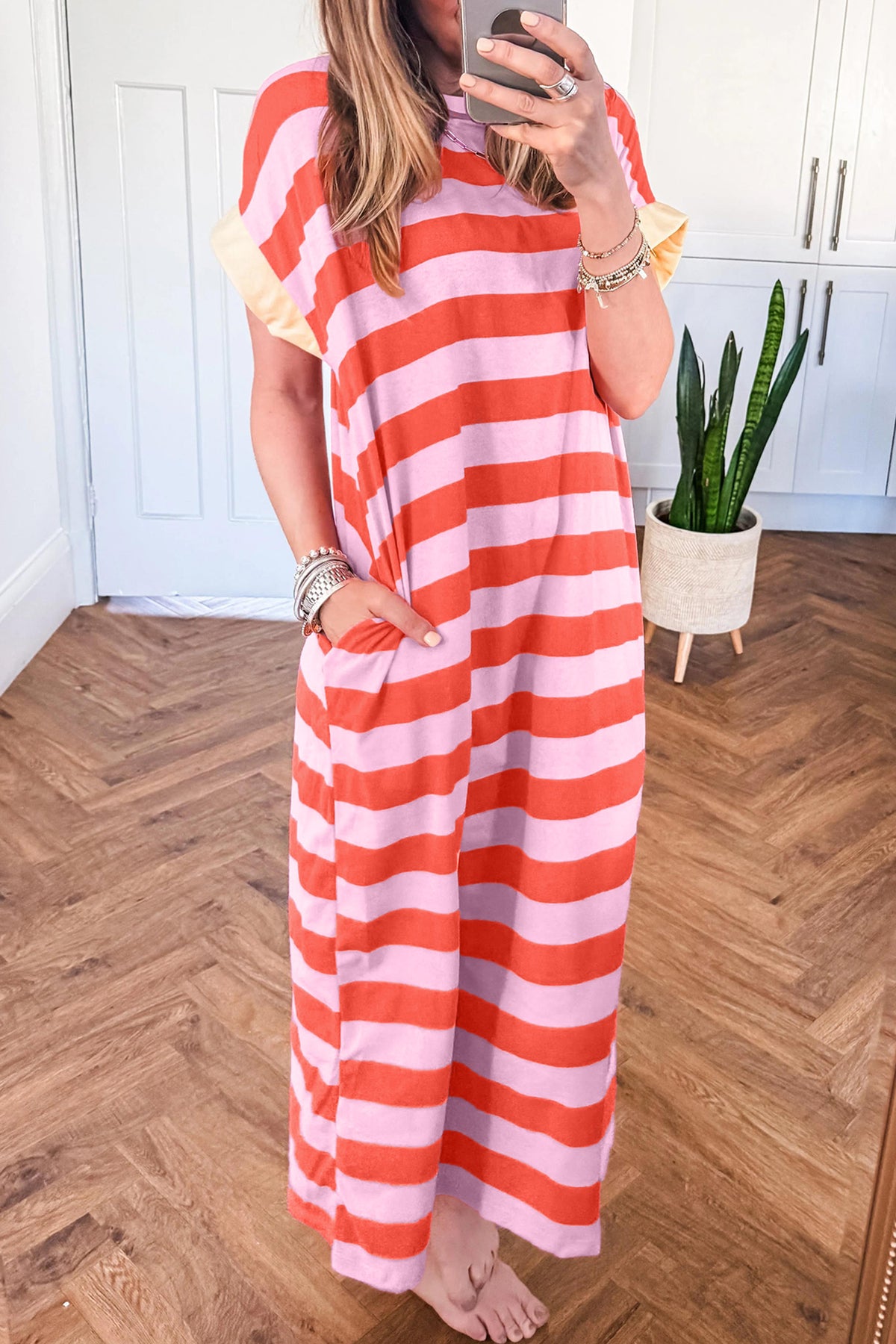 Rose Stripe Cuffed Short Sleeve Pocketed T-Shirt Long Dress