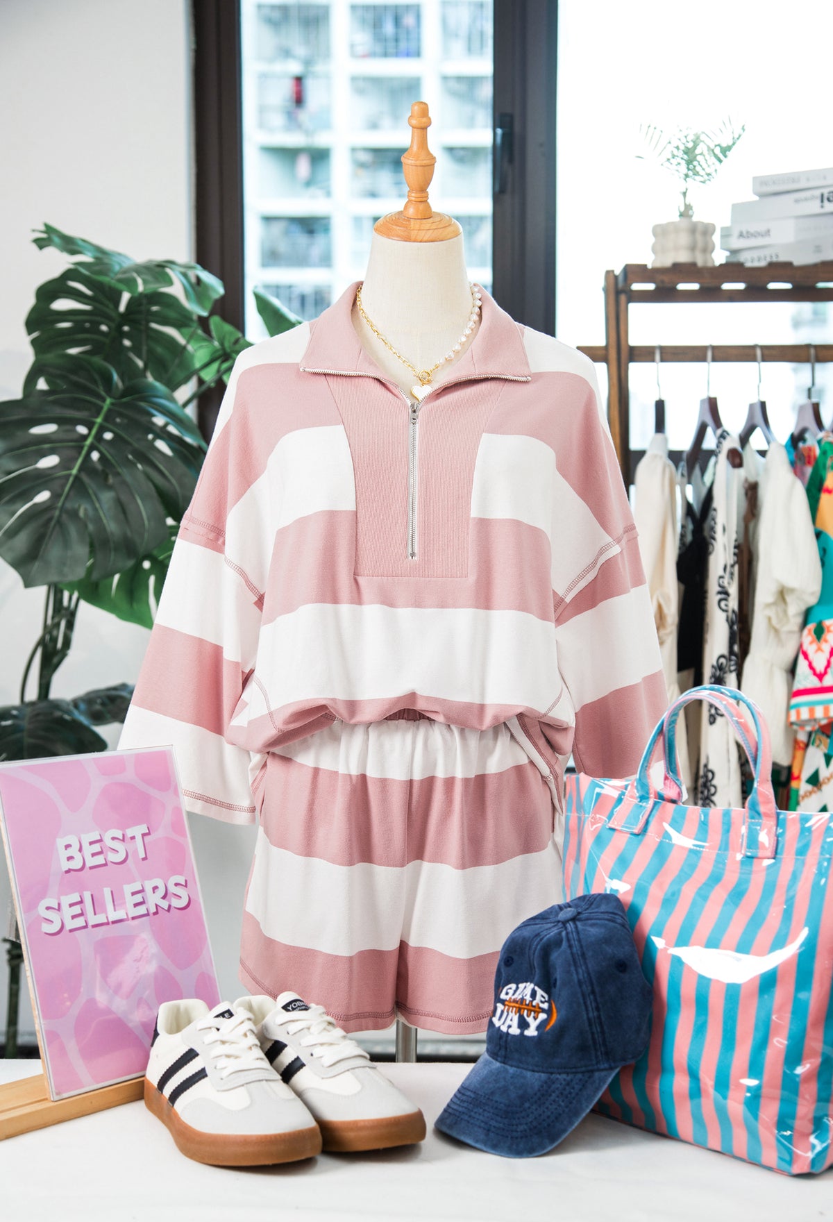 Women's Pink Stripe Half Zip Bracelet Sleeve Top Casual Shorts Set