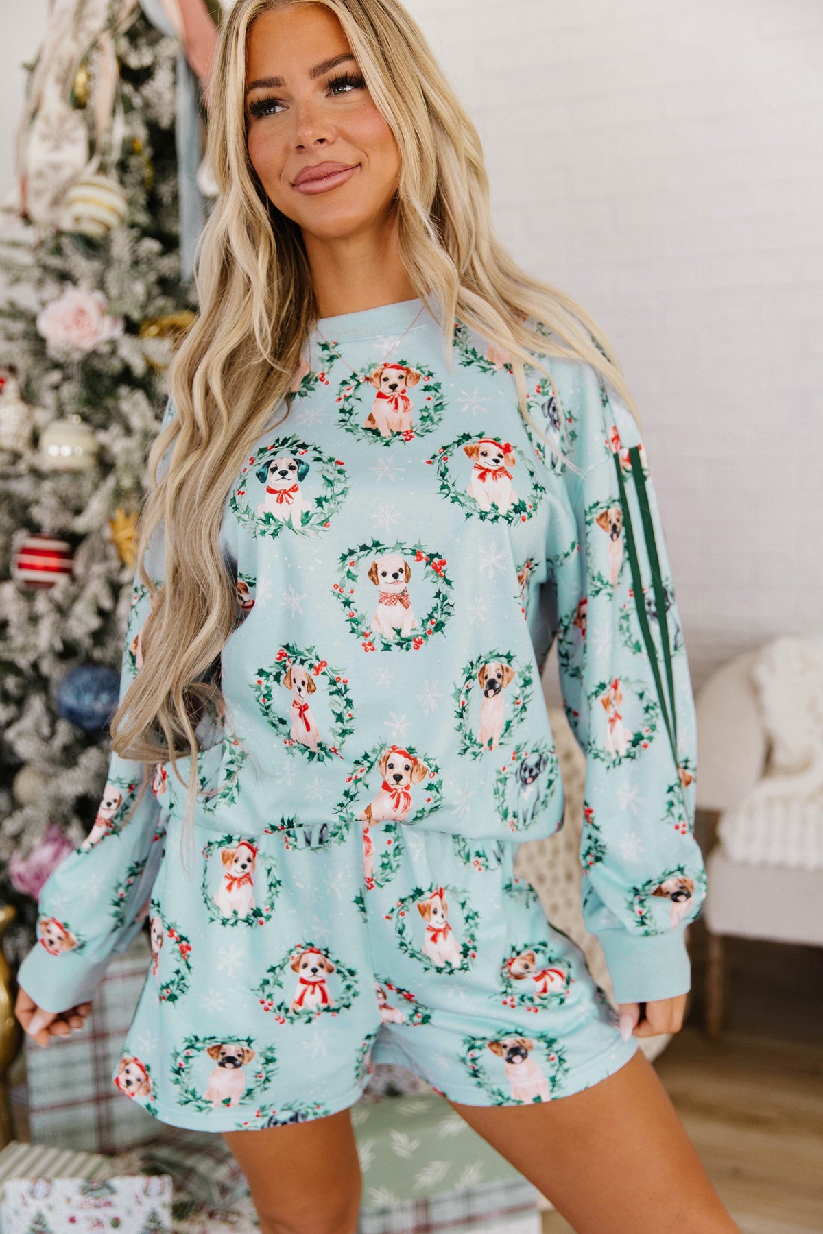 Sky Blue Puppies Wreath Print Pocket Sweatshirt and Shorts Set
