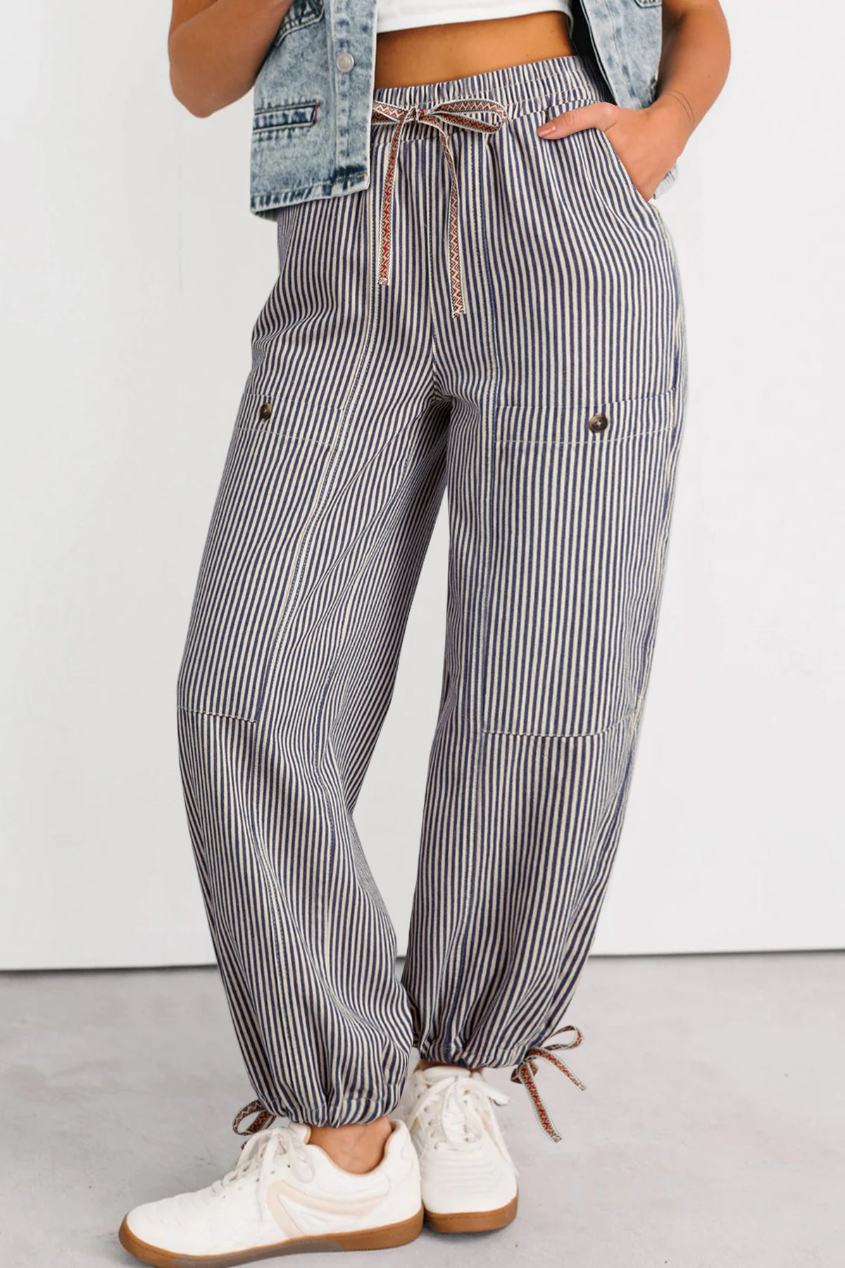 Khaki Stripe Button Patch Pocket Drawstring Elastic Waist Loose Pants