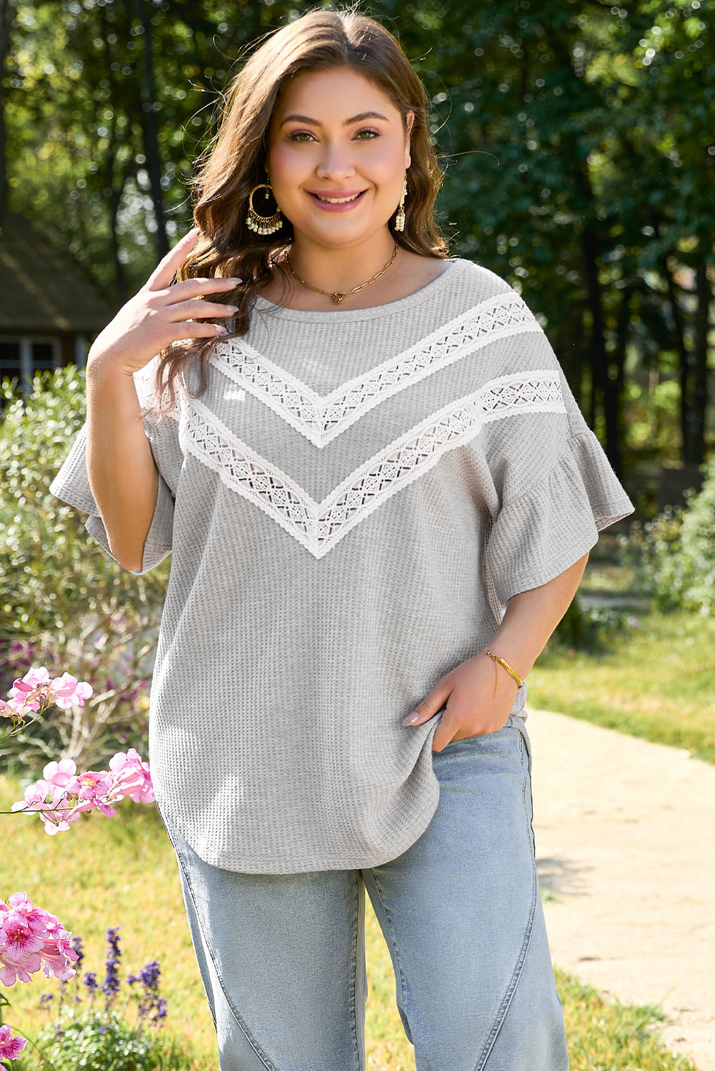 Light Grey Lace Insert Waffle Ruffle Short-Sleeve Plus Size Top