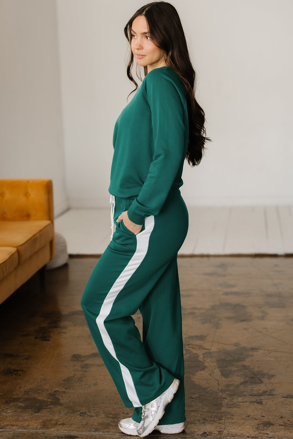 Women's Sea Green Pullover Top Varsity Stripe Detail Pants Set