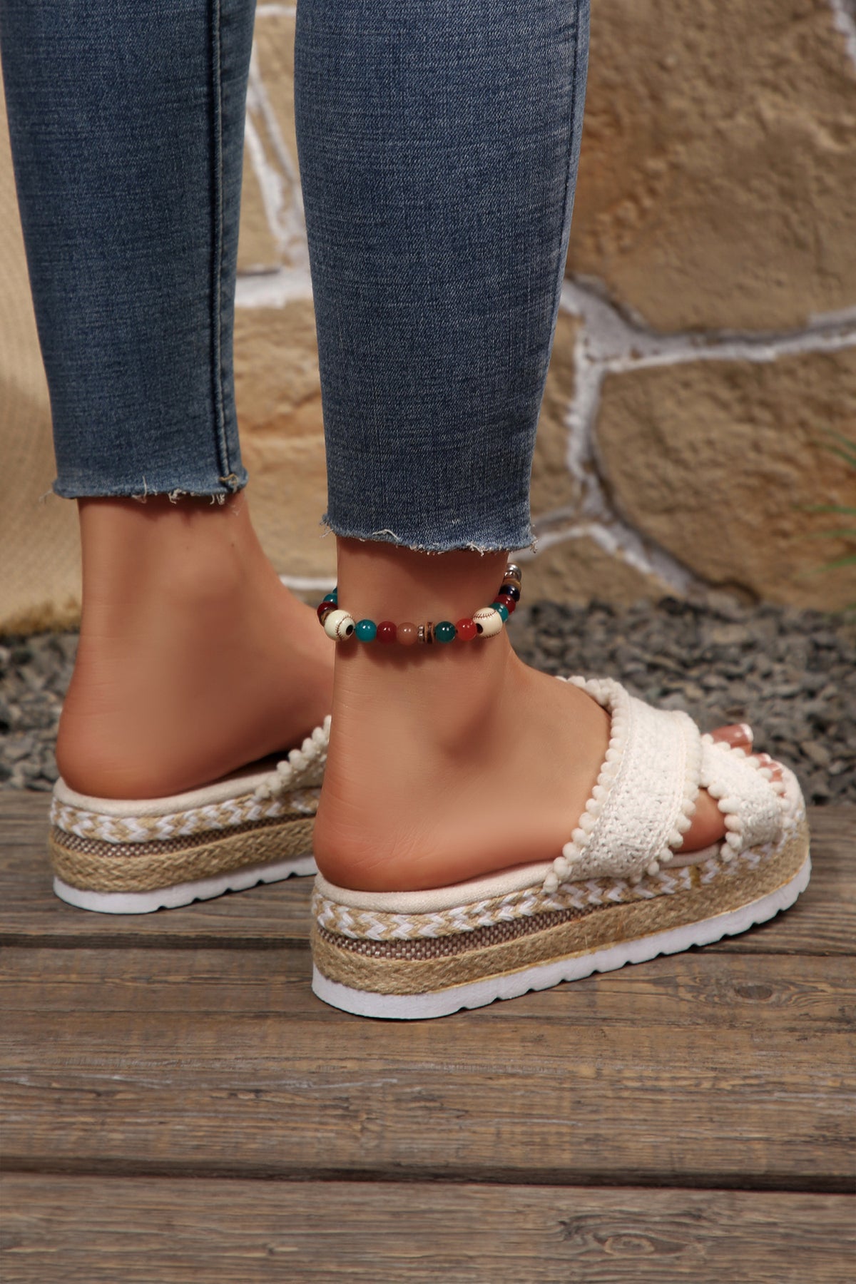 White Pompom Knit Platform Slide Sandals