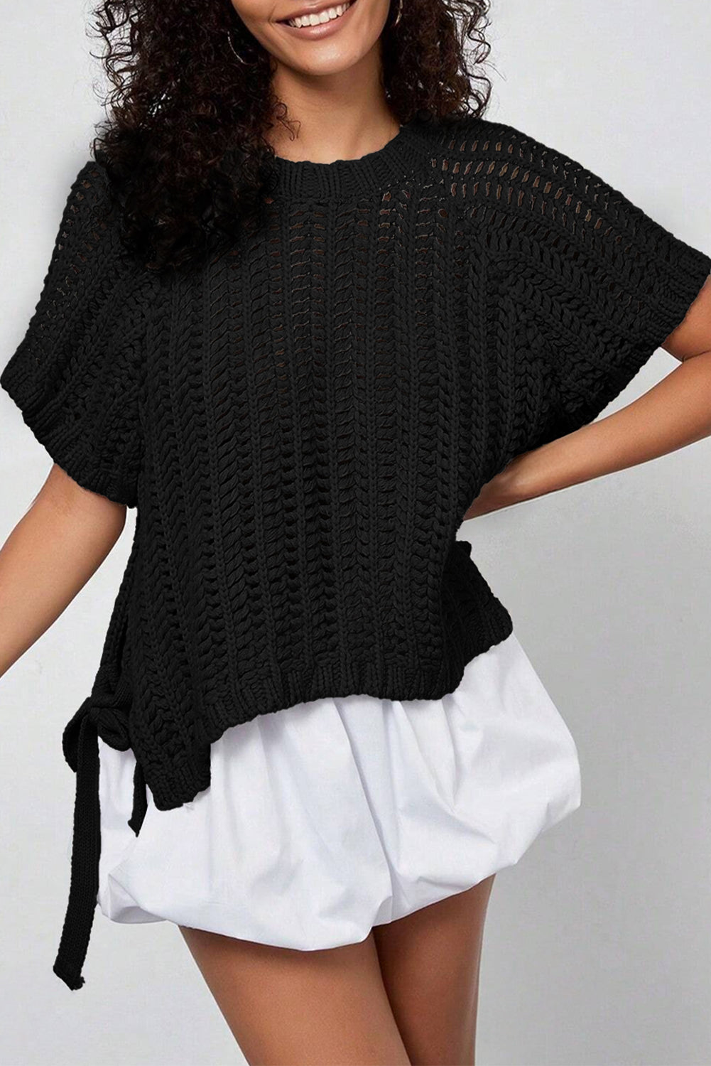 White Plus Size Open Knit Bow Tie Short-Sleeve Sweater