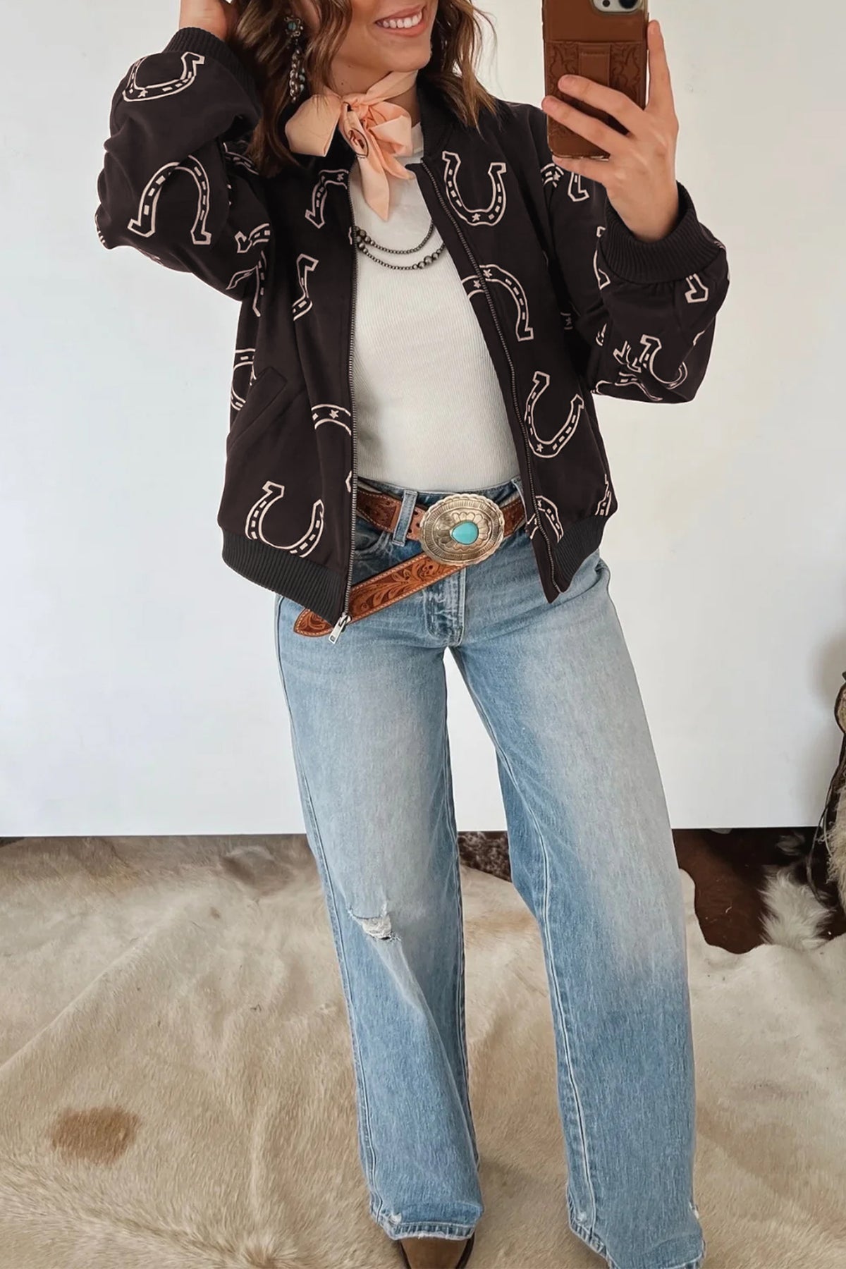 Brown Western Horseshoe Print Zip Jacket